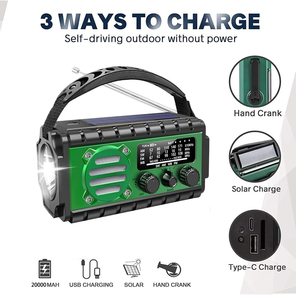 Grünes Radio mit Taschenlampe, Solarpanel und mehreren Ladeoptionen: Handkurbel, Solar, USB-C.