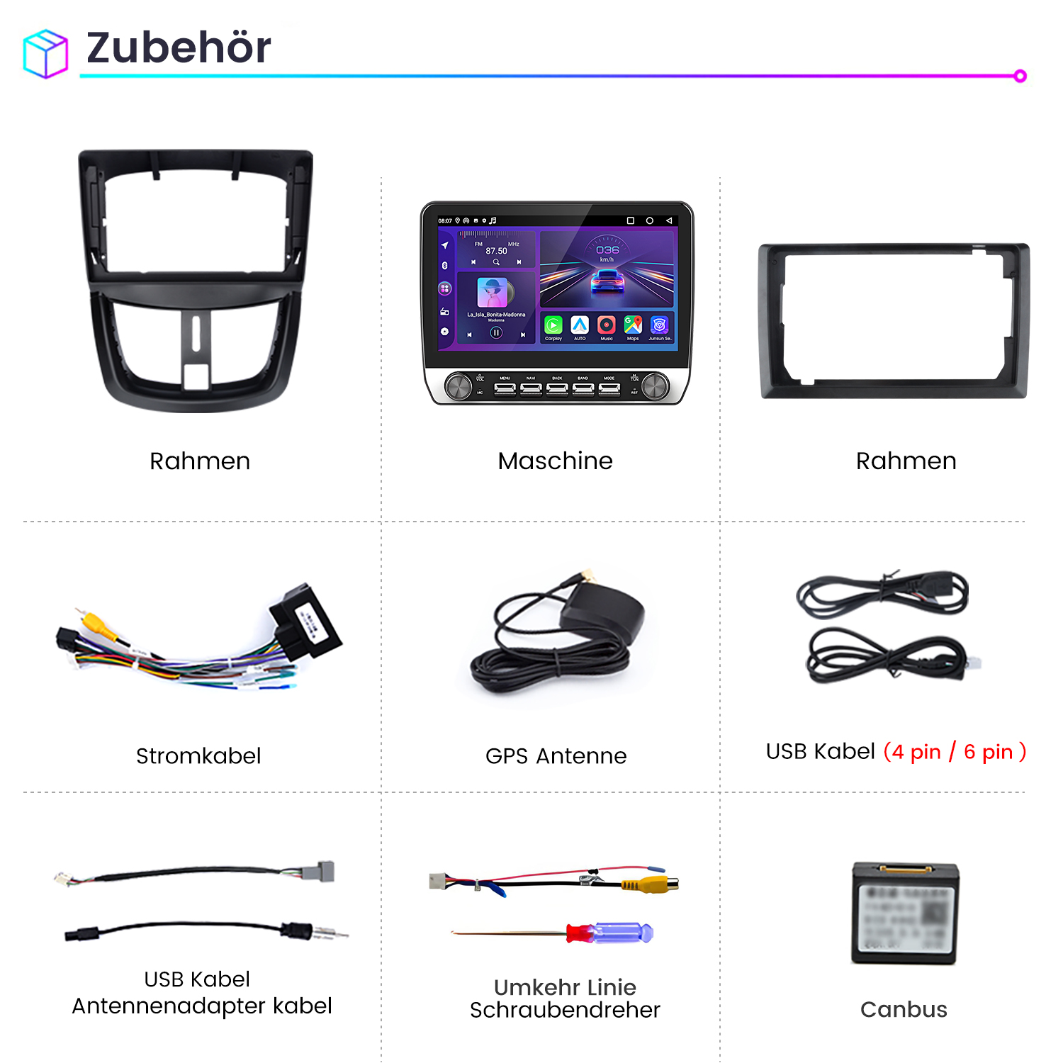 Ein Autoradio-Zubehörpaket mit Rahmen, Kabeln und Antenne.