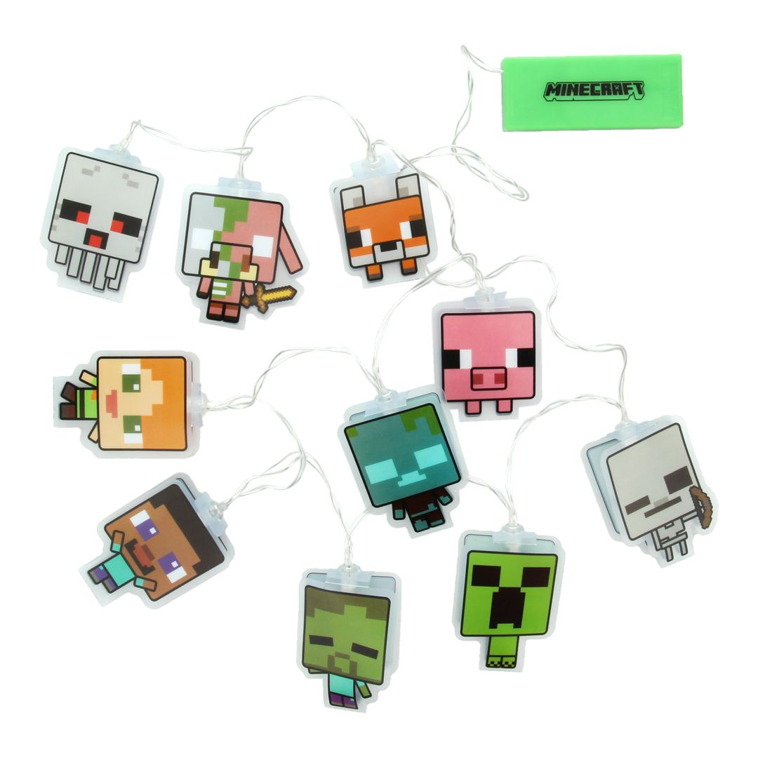 Lampki sznurkowe Minecraft z postaciami: Steve, Alex, Creeper, Świnia, Lis, Zombie, Szkielet i Pigman.