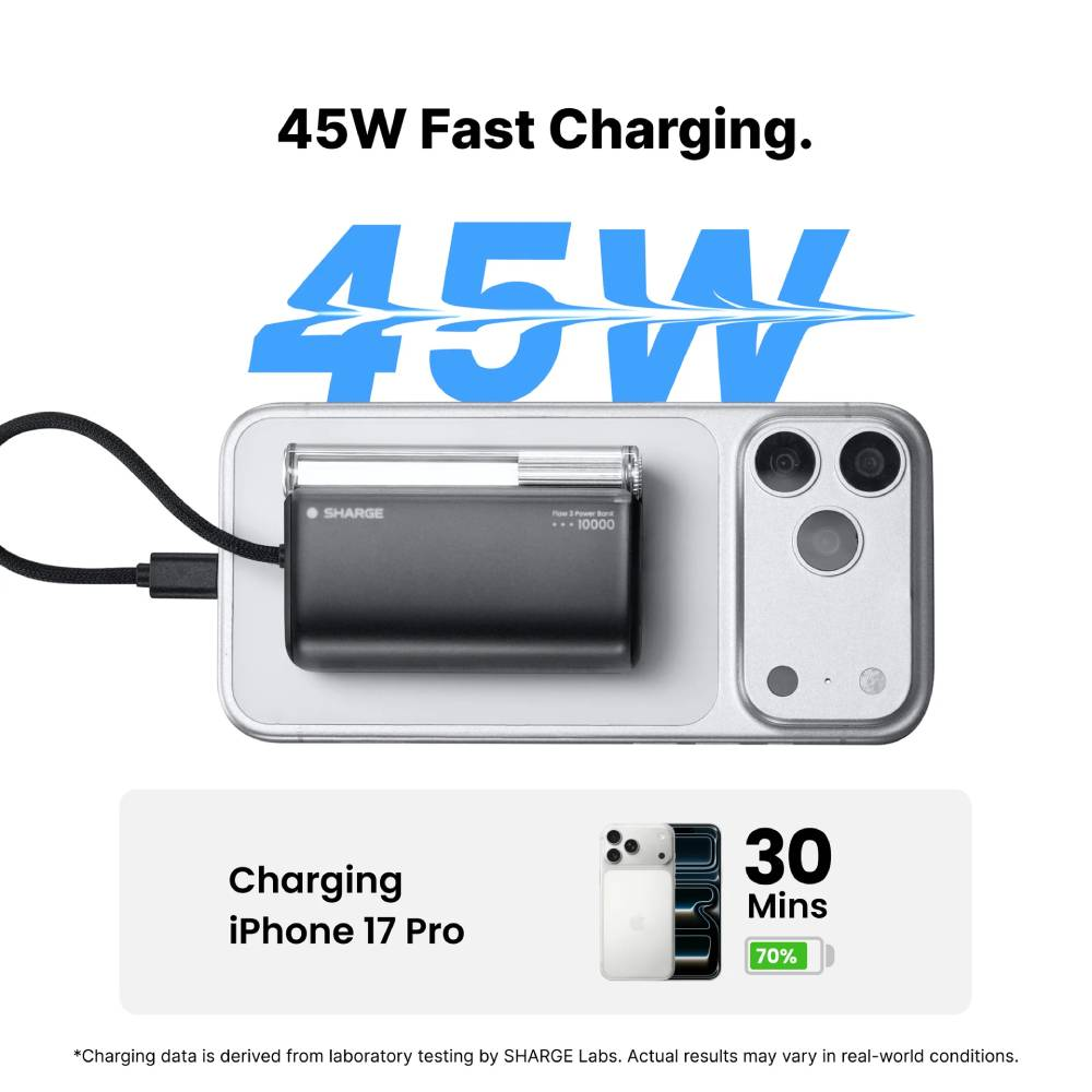 Un chargeur noir de 45W charge un iPhone 17 Pro à 70% en 30 minutes.