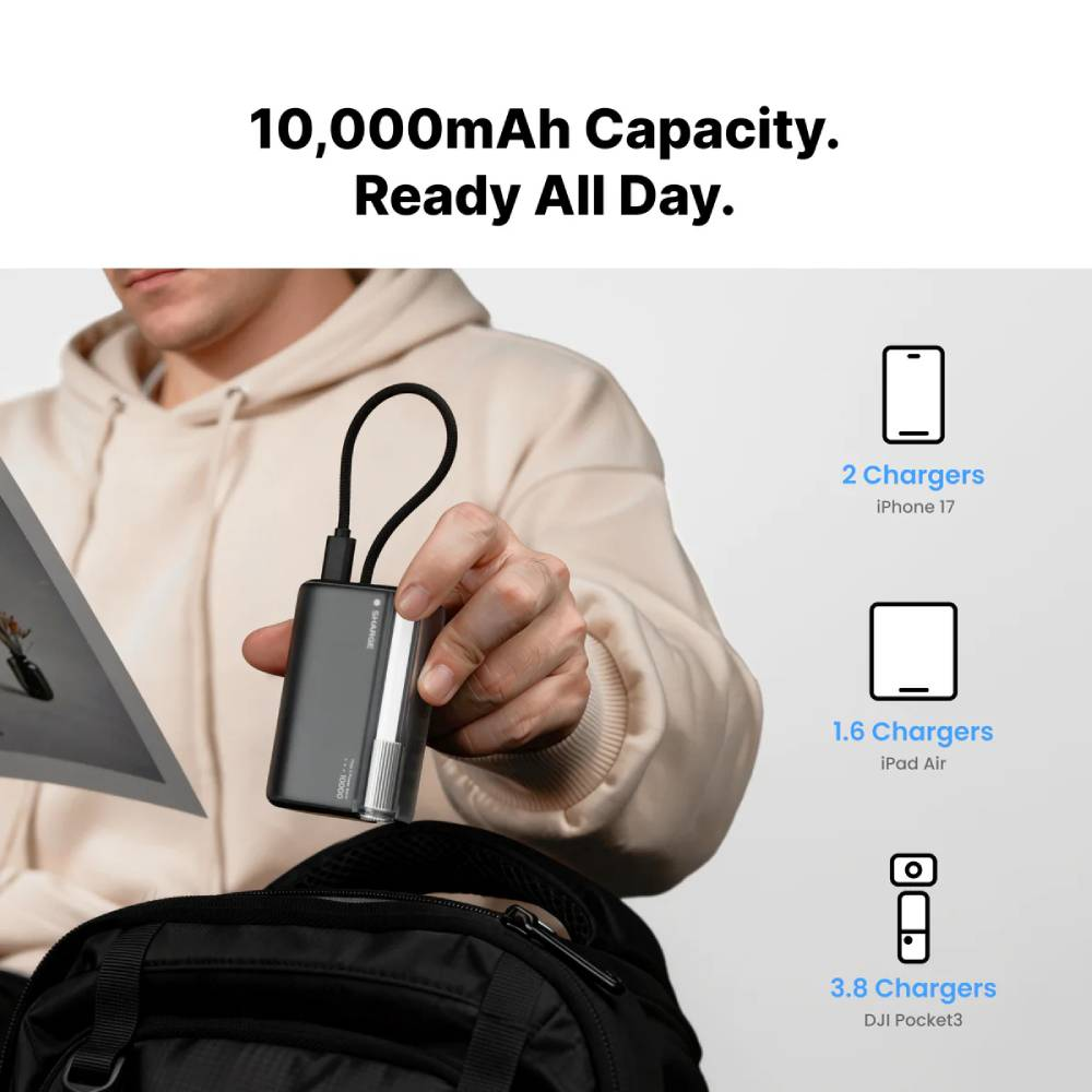 Un homme tient une banque d'alimentation grise. Elle peut charger 2 iPhones, 1,6 iPad ou 3,8 DJI Pocket 3.