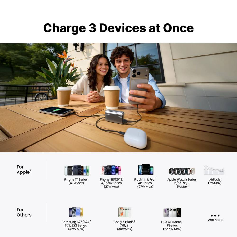 Un couple assis à une table en bois charge simultanément trois appareils.
