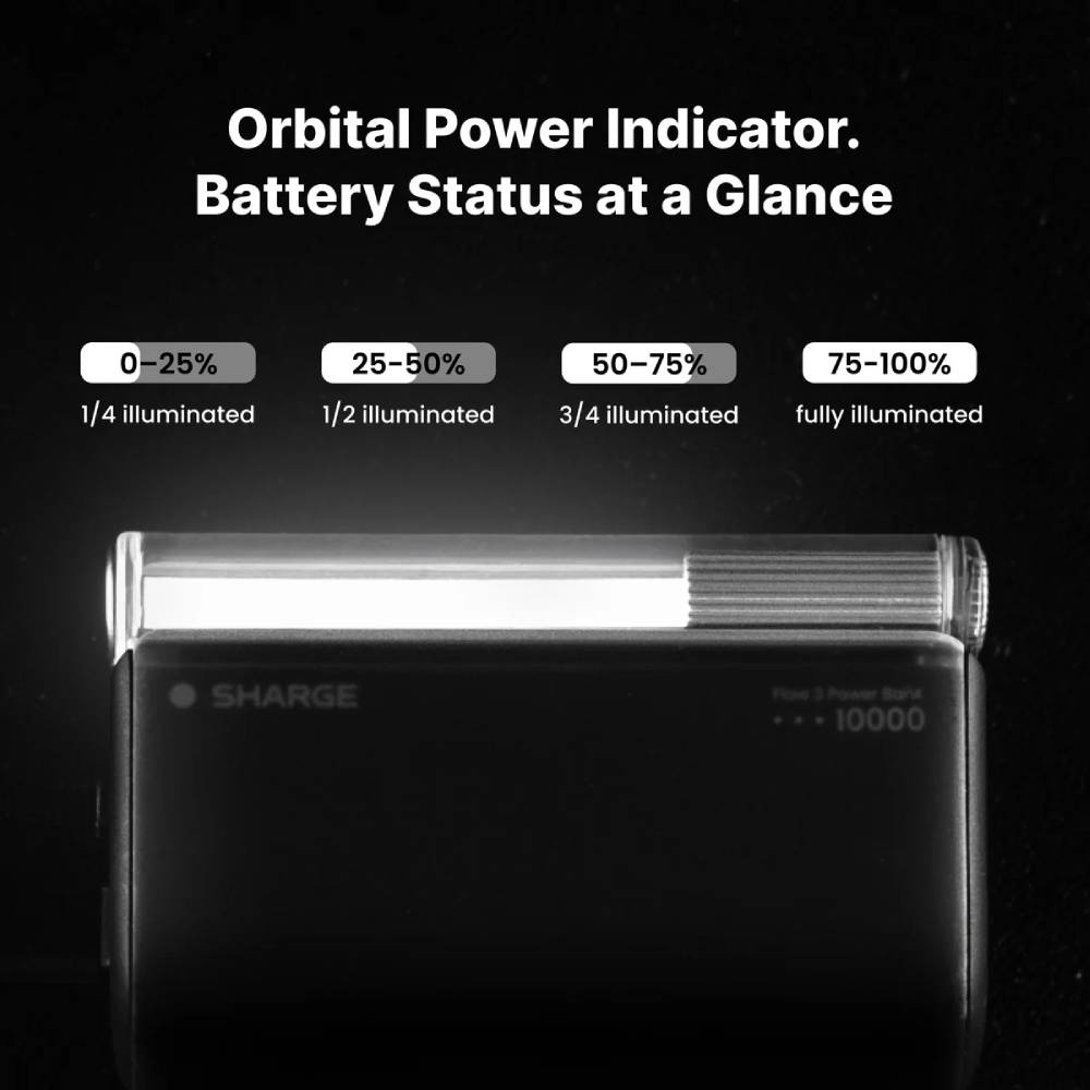Une banque d'alimentation noire avec une barre lumineuse indiquant le niveau de charge, le texte explique l'état de la batterie.