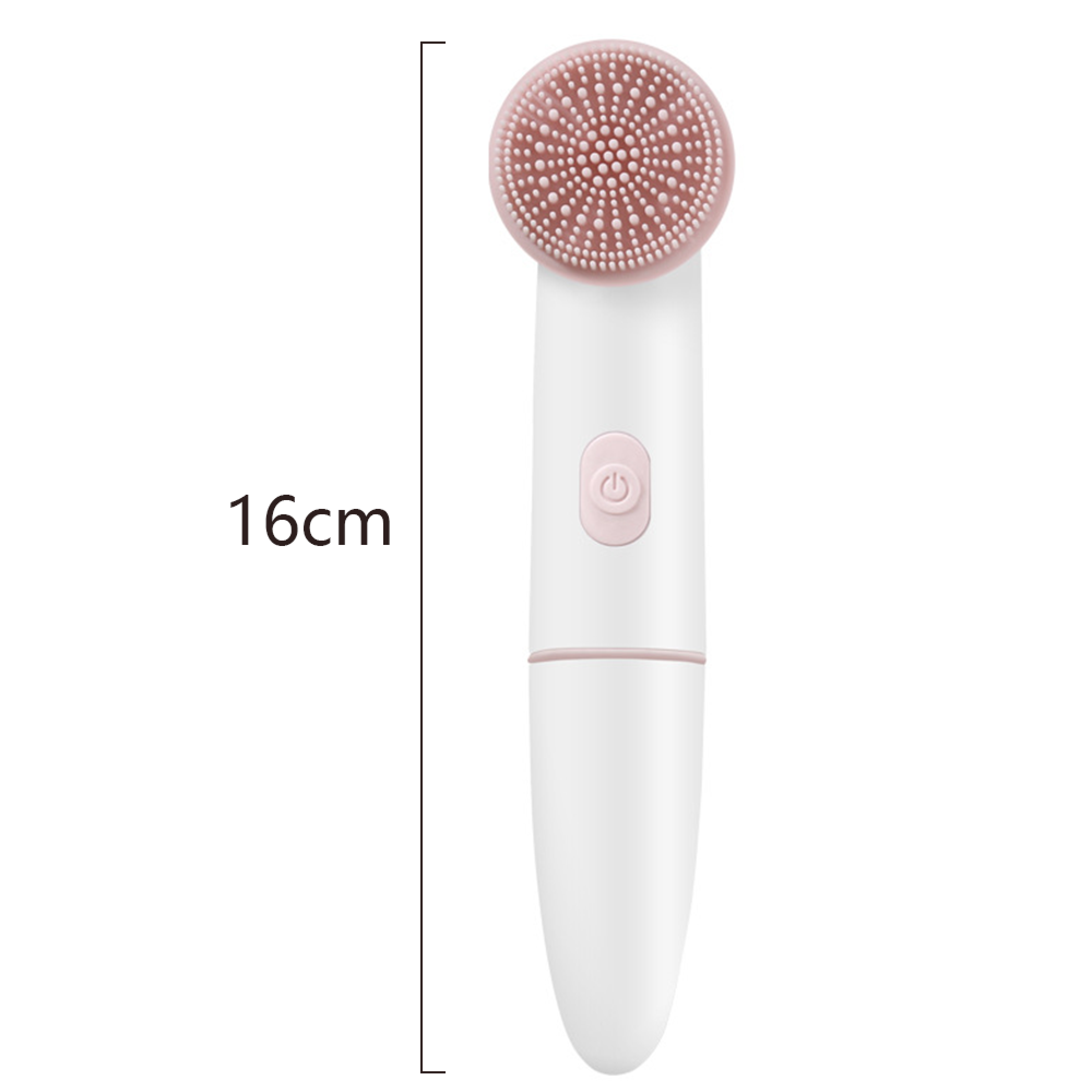 Ein 16cm langer, weißer Gesichtsreinigungsbürsten mit rosa Silikonborsten und Knopf.