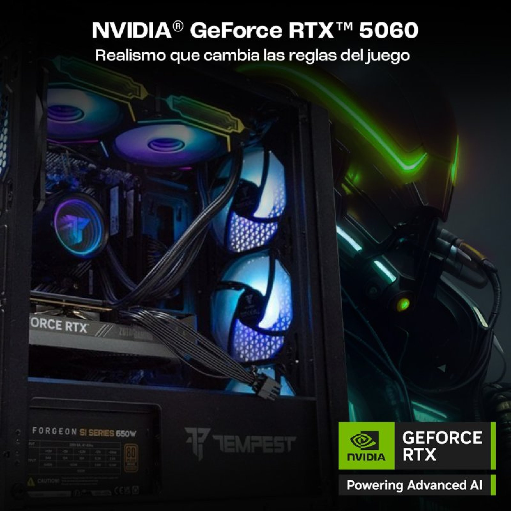 Un case per PC con ventole RGB, una scheda grafica e un alimentatore.