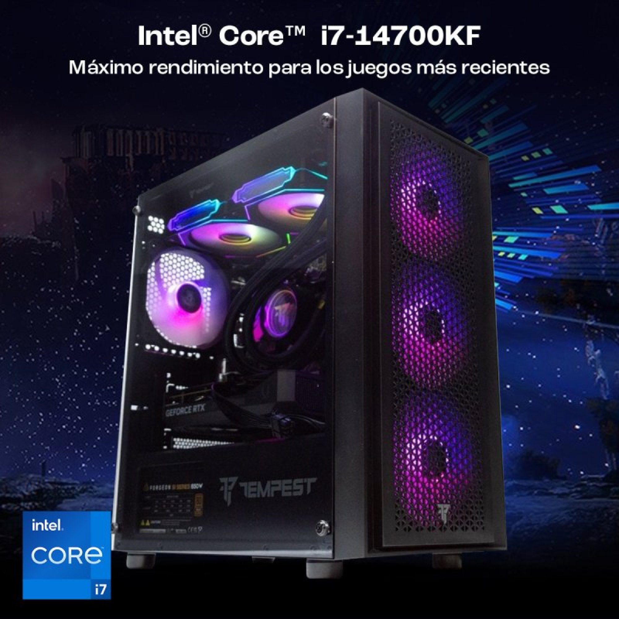Un PC da gaming con ventole RGB e logo Intel Core i7 su sfondo scuro.