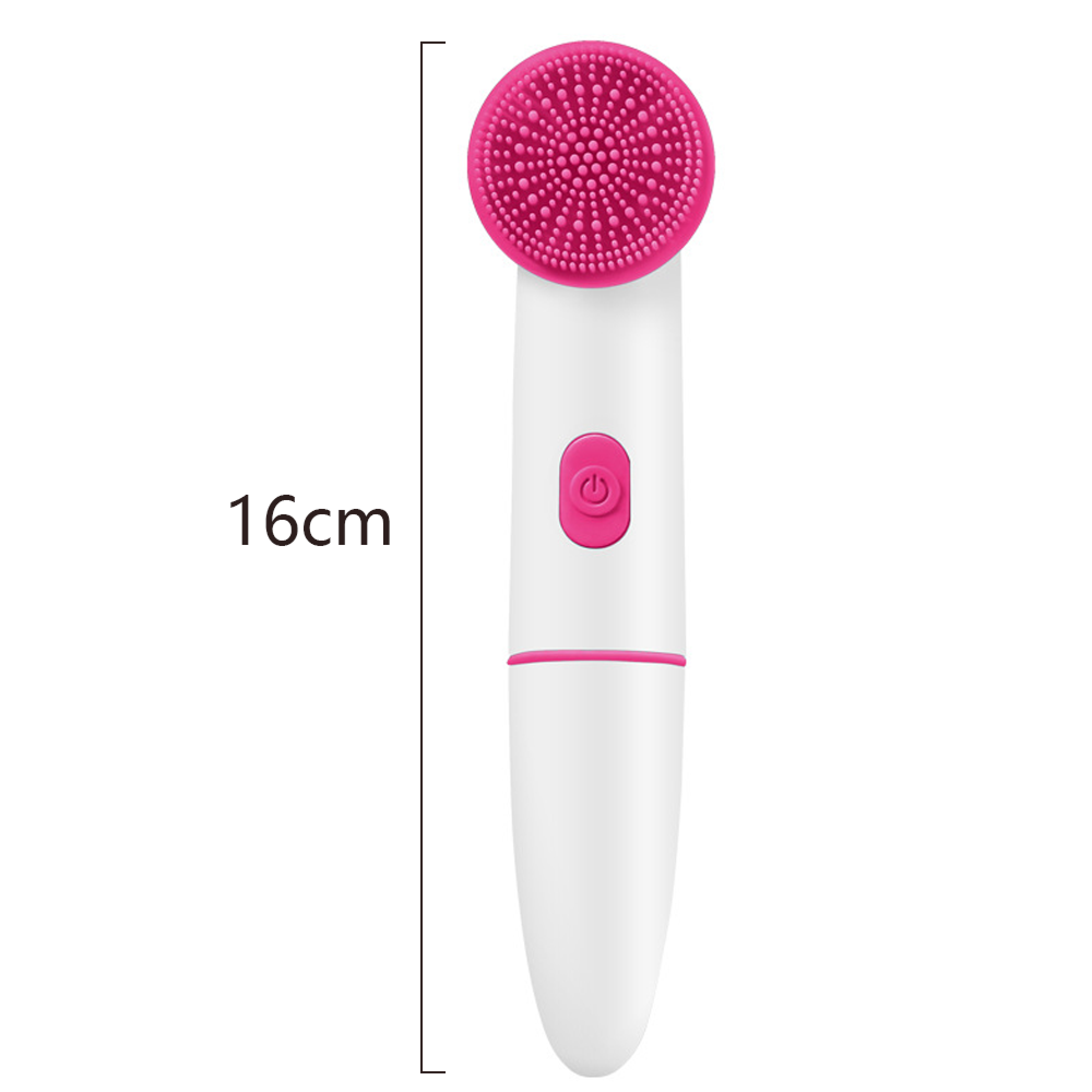 Ein 16 cm langes, weißes Gesichtsreinigungsgerät mit pinker Bürste und Knopf.