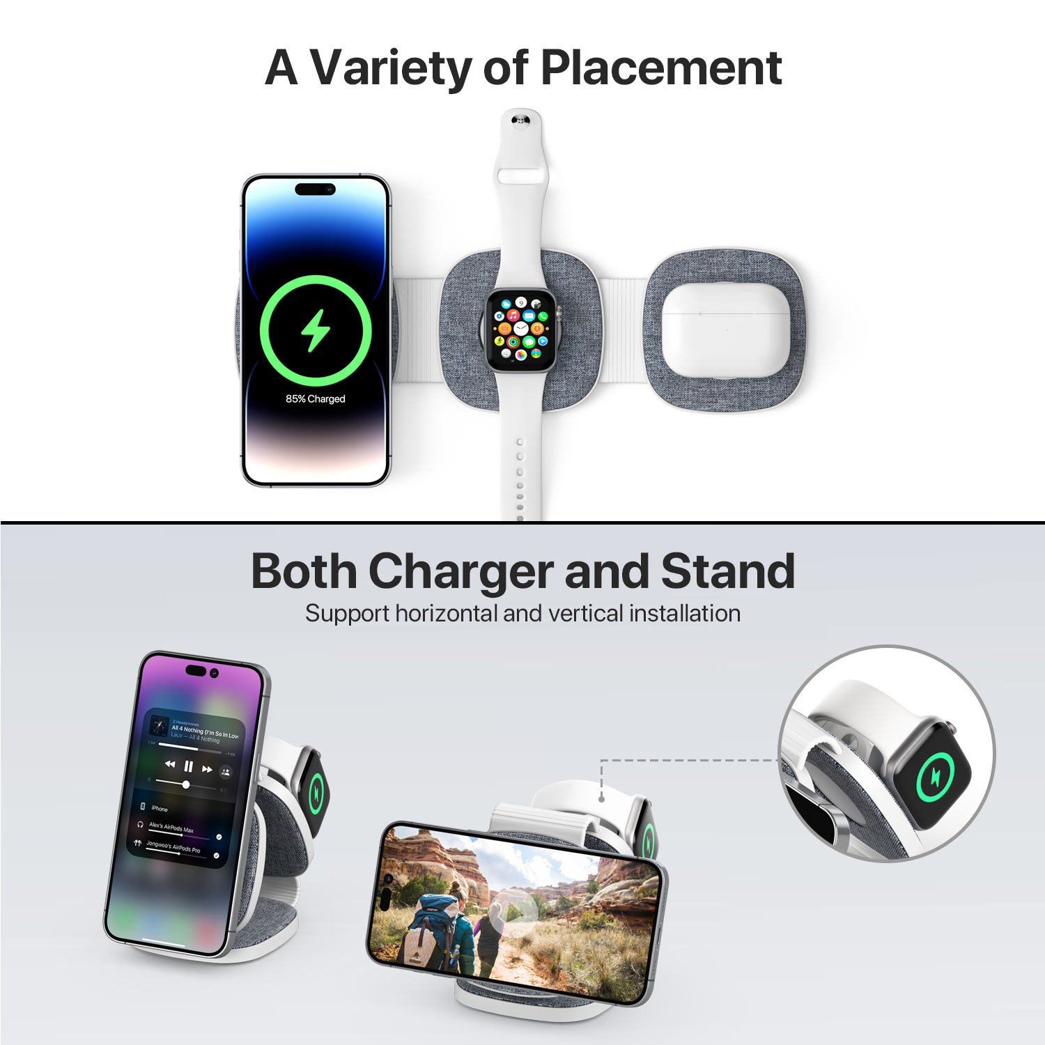 iPhone, Apple Watch und AirPods Pro auf Ladegerät. Telefon, Uhr und Landschaft auf Ständern.