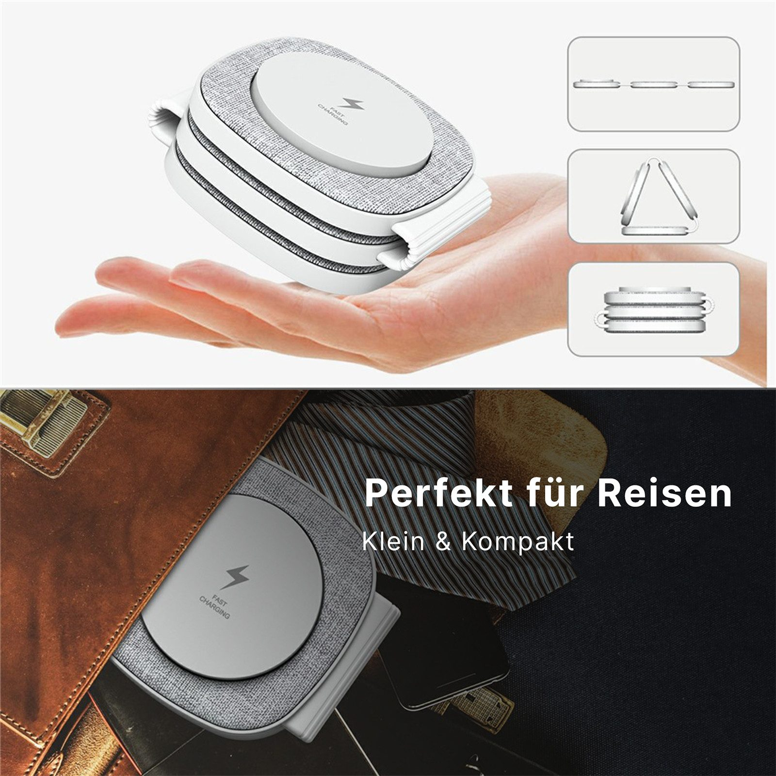 Ein weißer, runder Ladegerät liegt in einer Hand. Daneben kleine Grafiken.