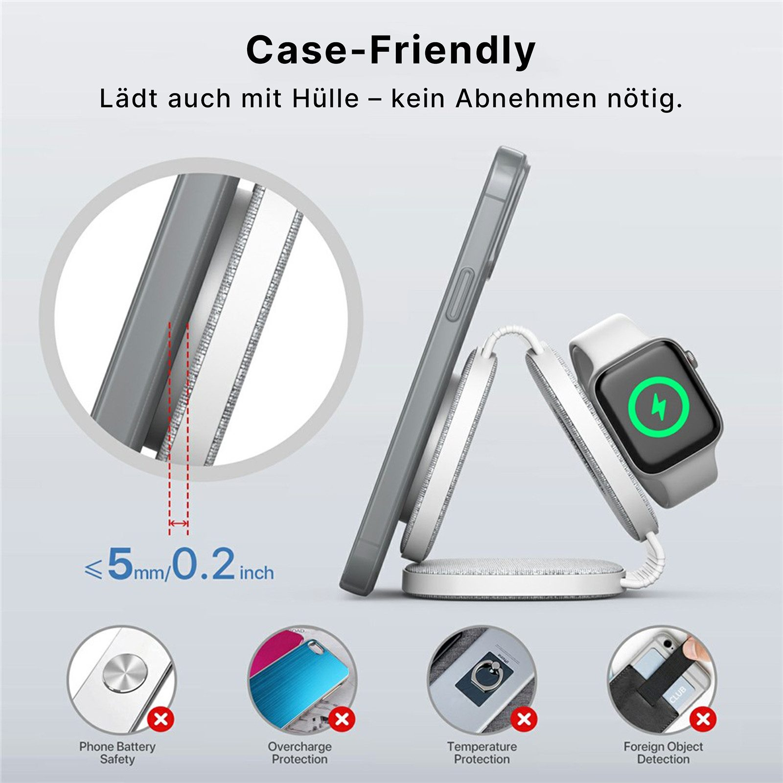 Kabelloses Ladegerät für iPhone und Apple Watch, lädt auch mit Hülle.