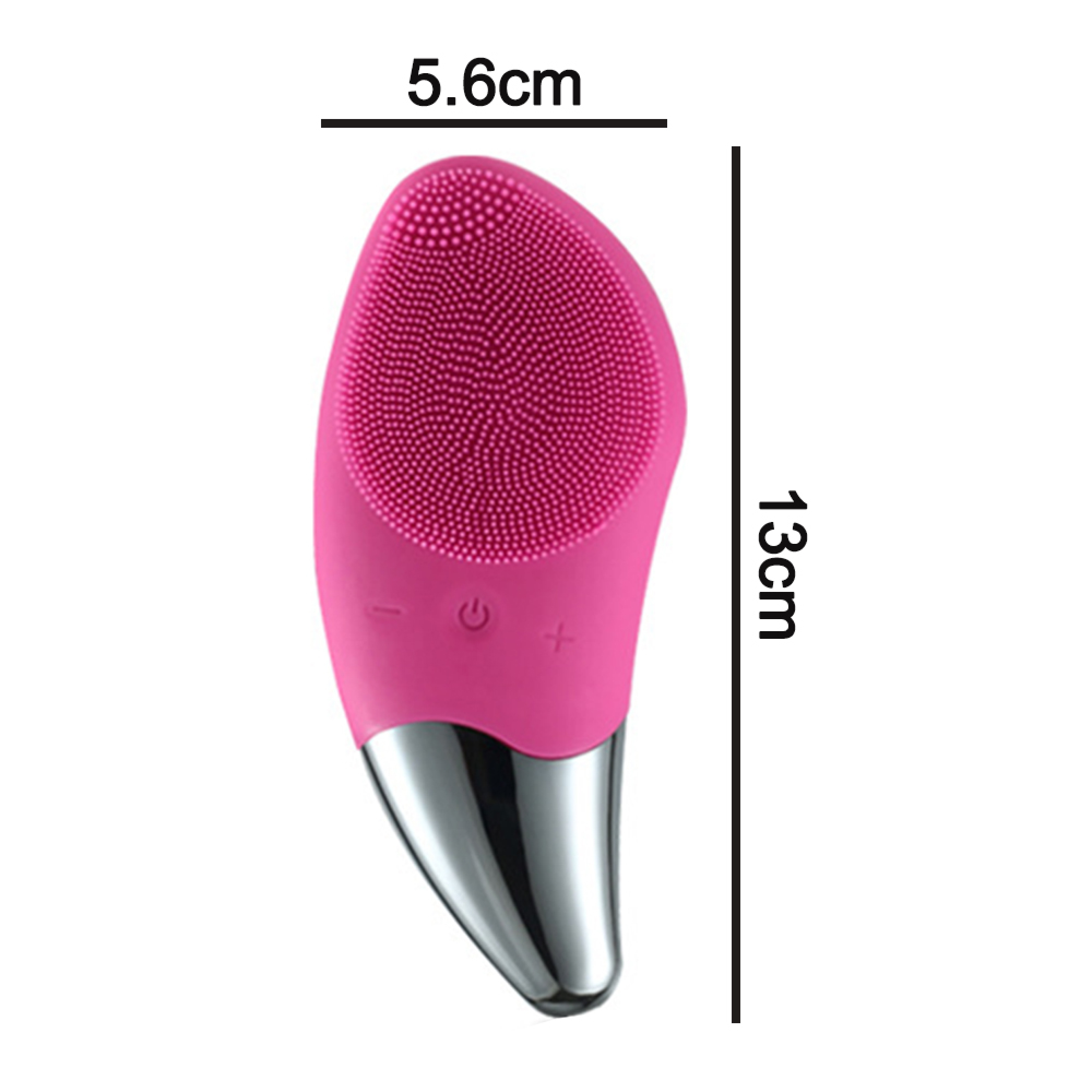 Ein pinker Gesichtsreiniger mit Silikonborsten und silbernem Griff.