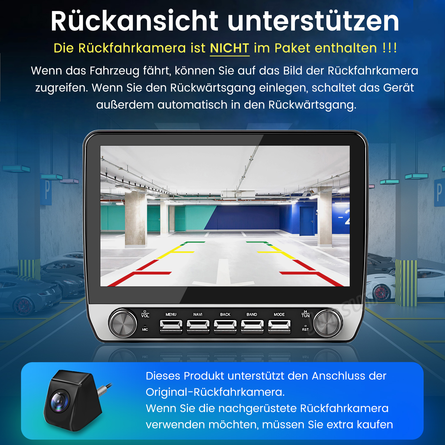 Ein Autoradio mit Rückfahrkamera-Anzeige und einer separaten Kamera.