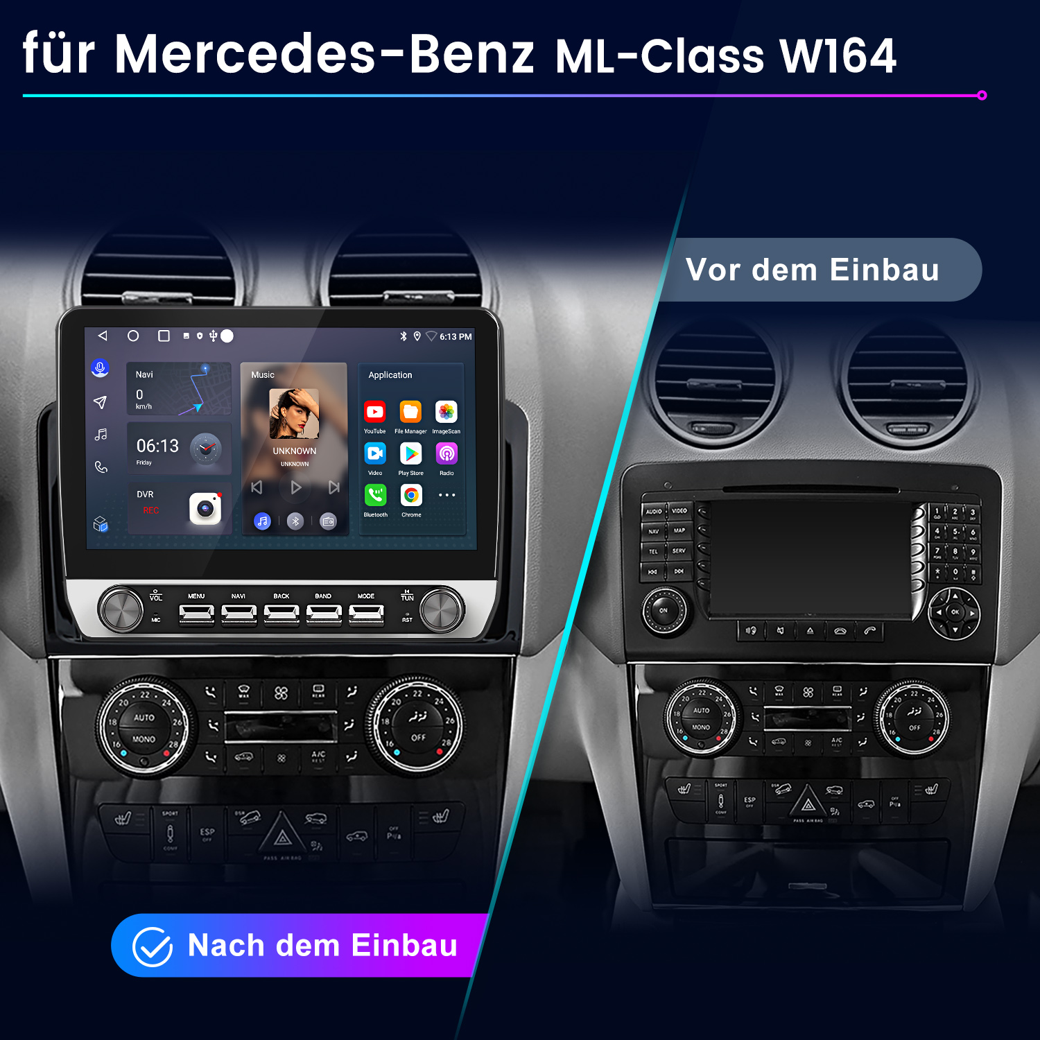 Vergleich eines Mercedes ML-Class W164 Armaturenbretts vor und nach dem Einbau eines neuen Infotainmentsystems.