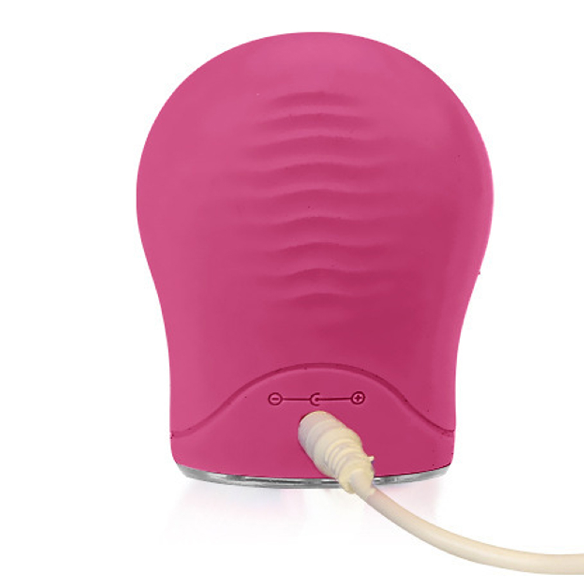 Ein pinkes, wellenförmiges Gerät mit einem weißen Ladekabel, das angeschlossen ist.