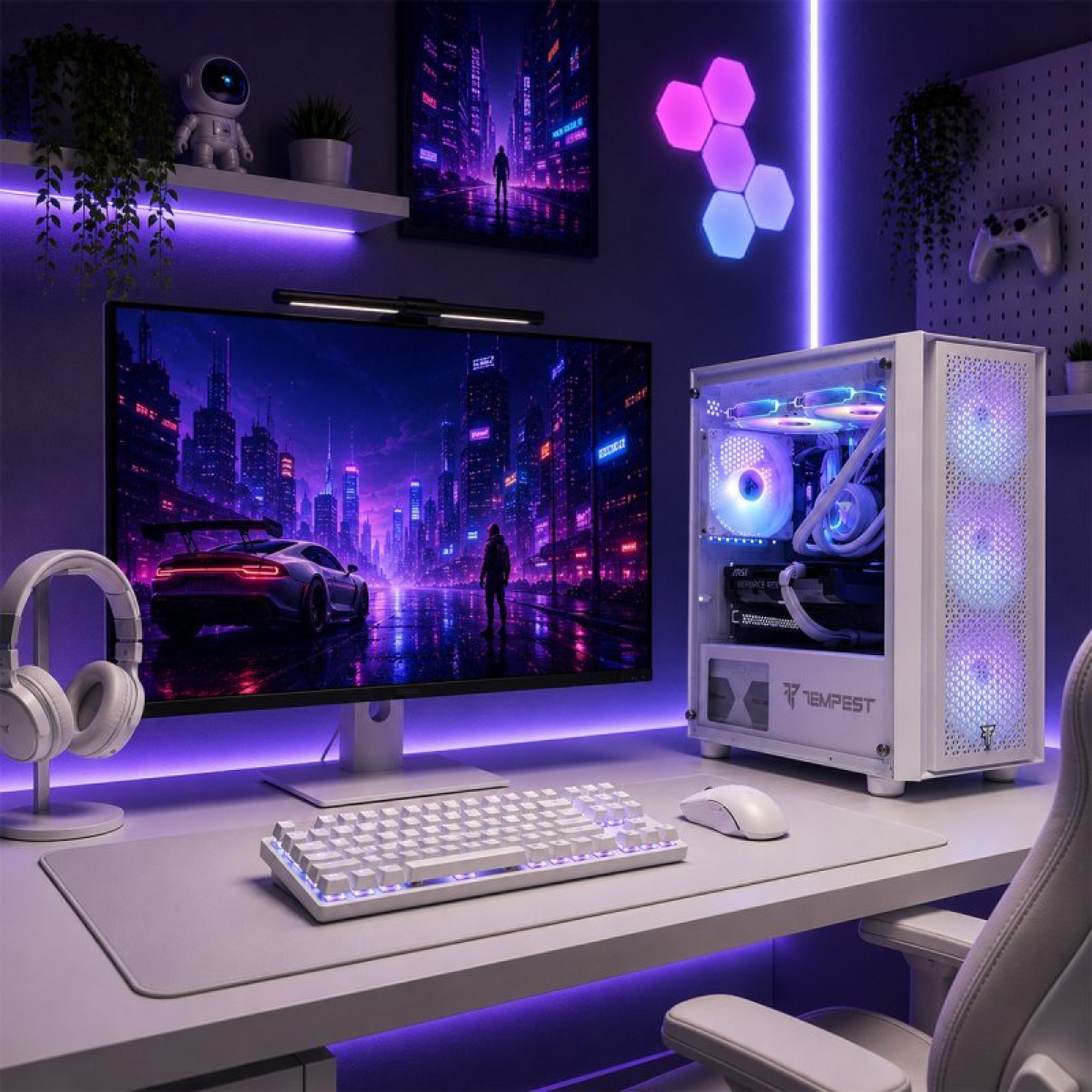 Una postazione da gioco con PC, tastiera, mouse e cuffie bianche.