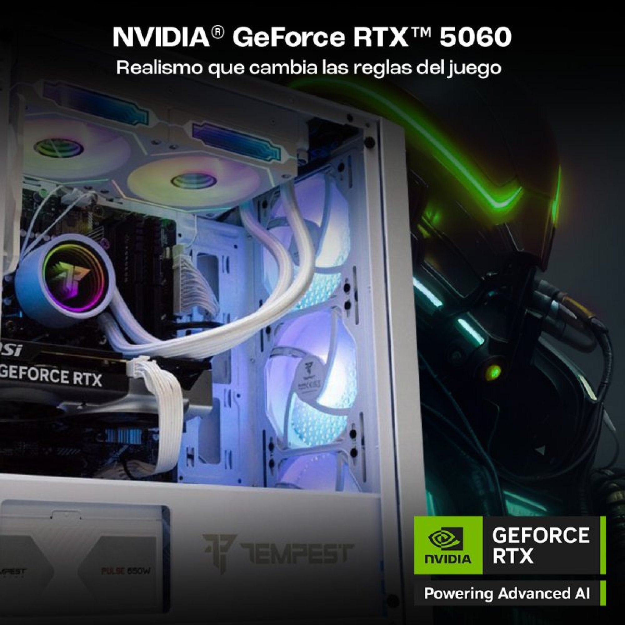 Un case per PC con ventole RGB, una scheda grafica e il logo NVIDIA.