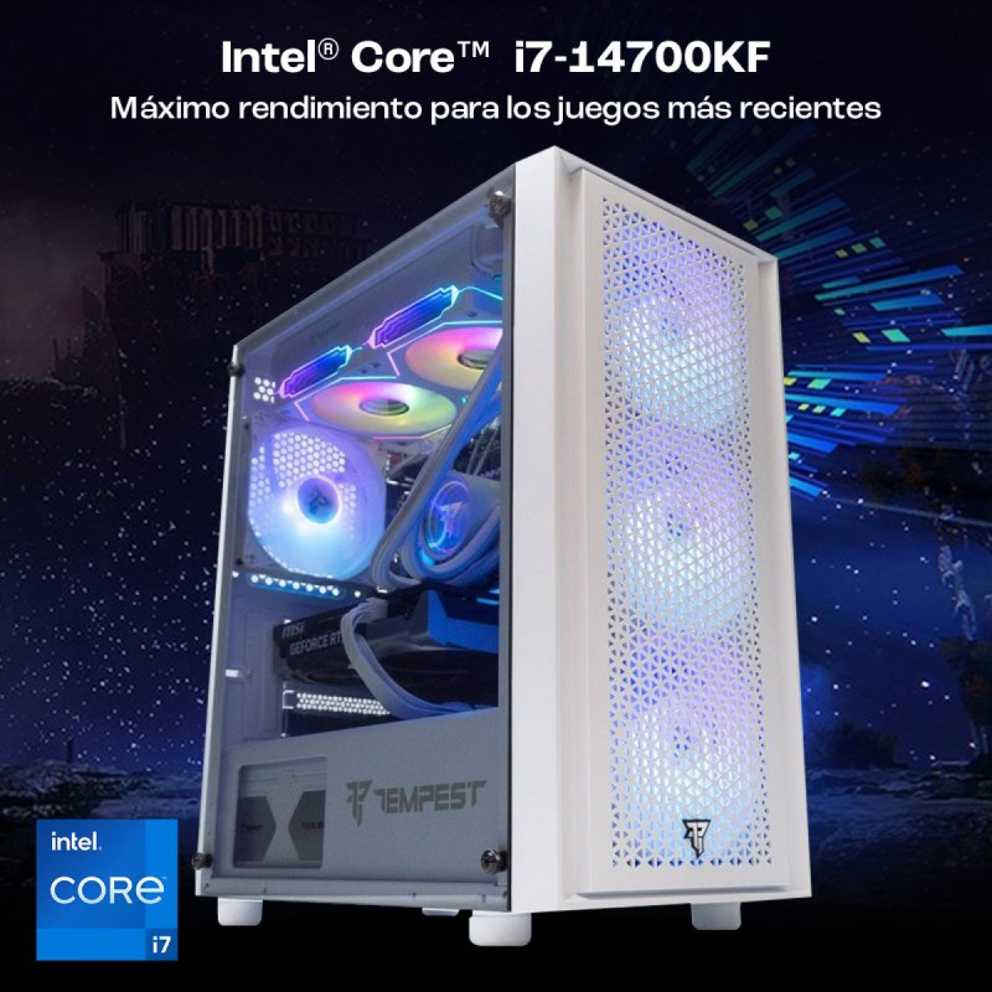 Un PC da gaming bianco con ventole RGB e marchio Intel Core i7.