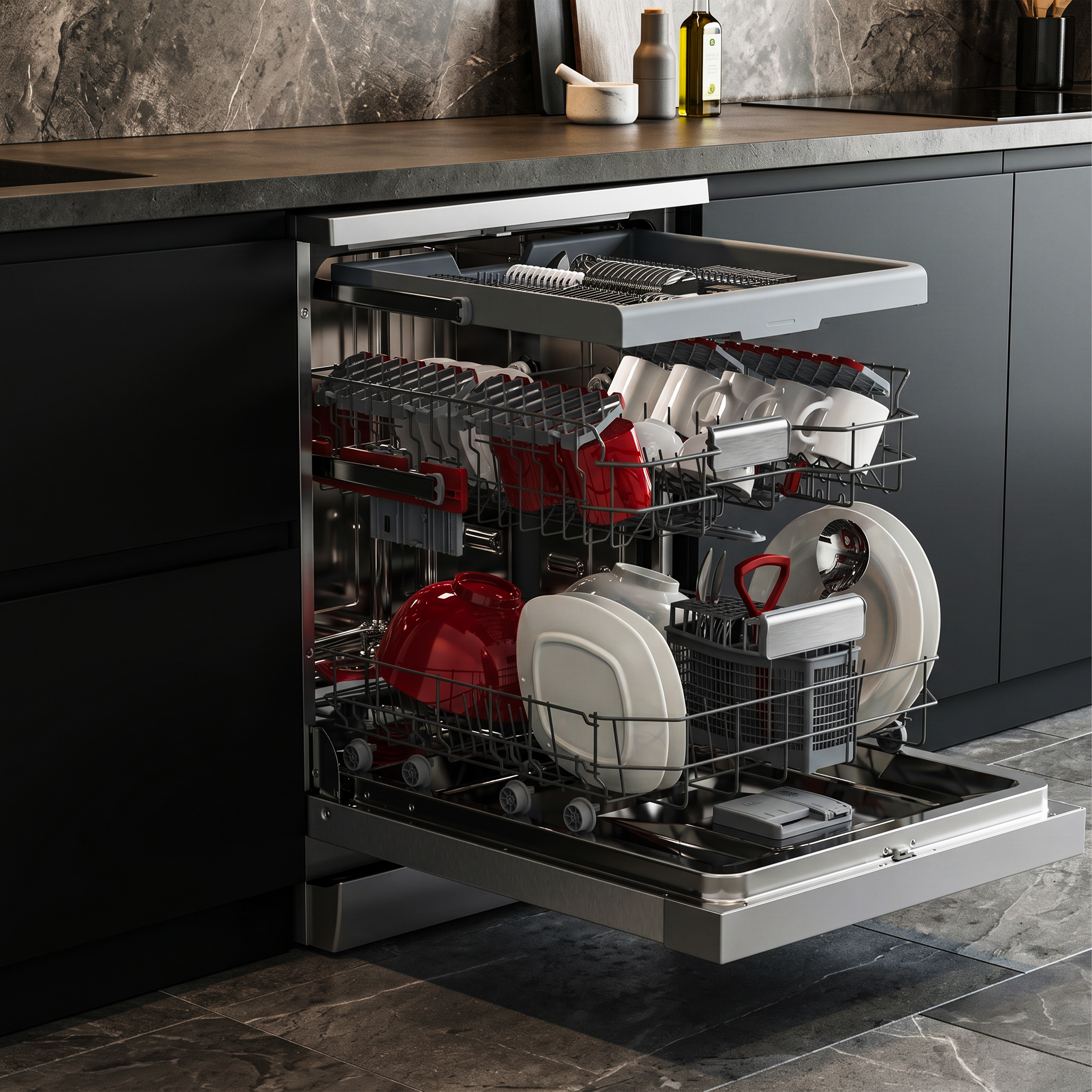 Open dishwasher with red and white dishes in racks.