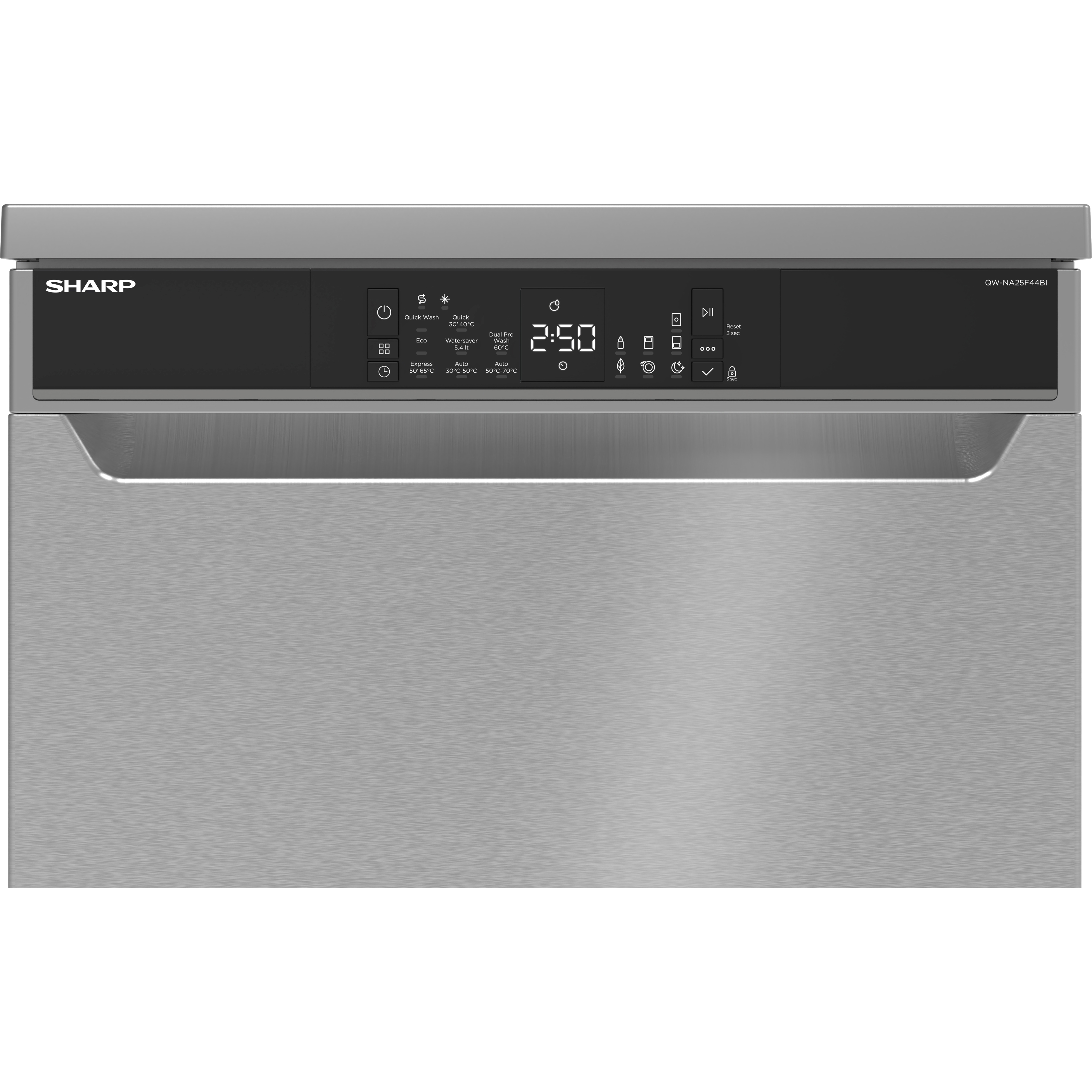 A silver dishwasher with a digital display and control panel.