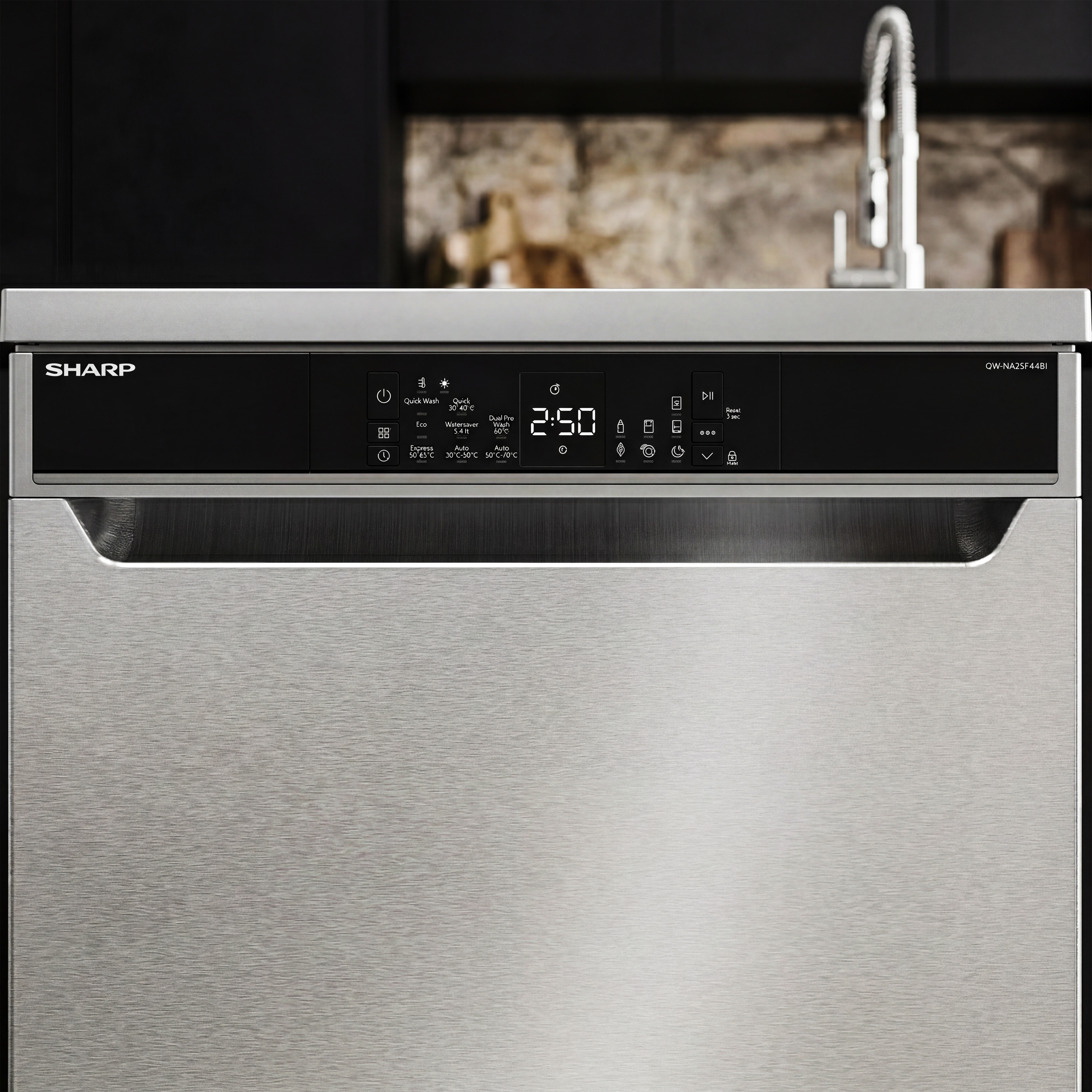 Stainless steel dishwasher with digital display and control panel.