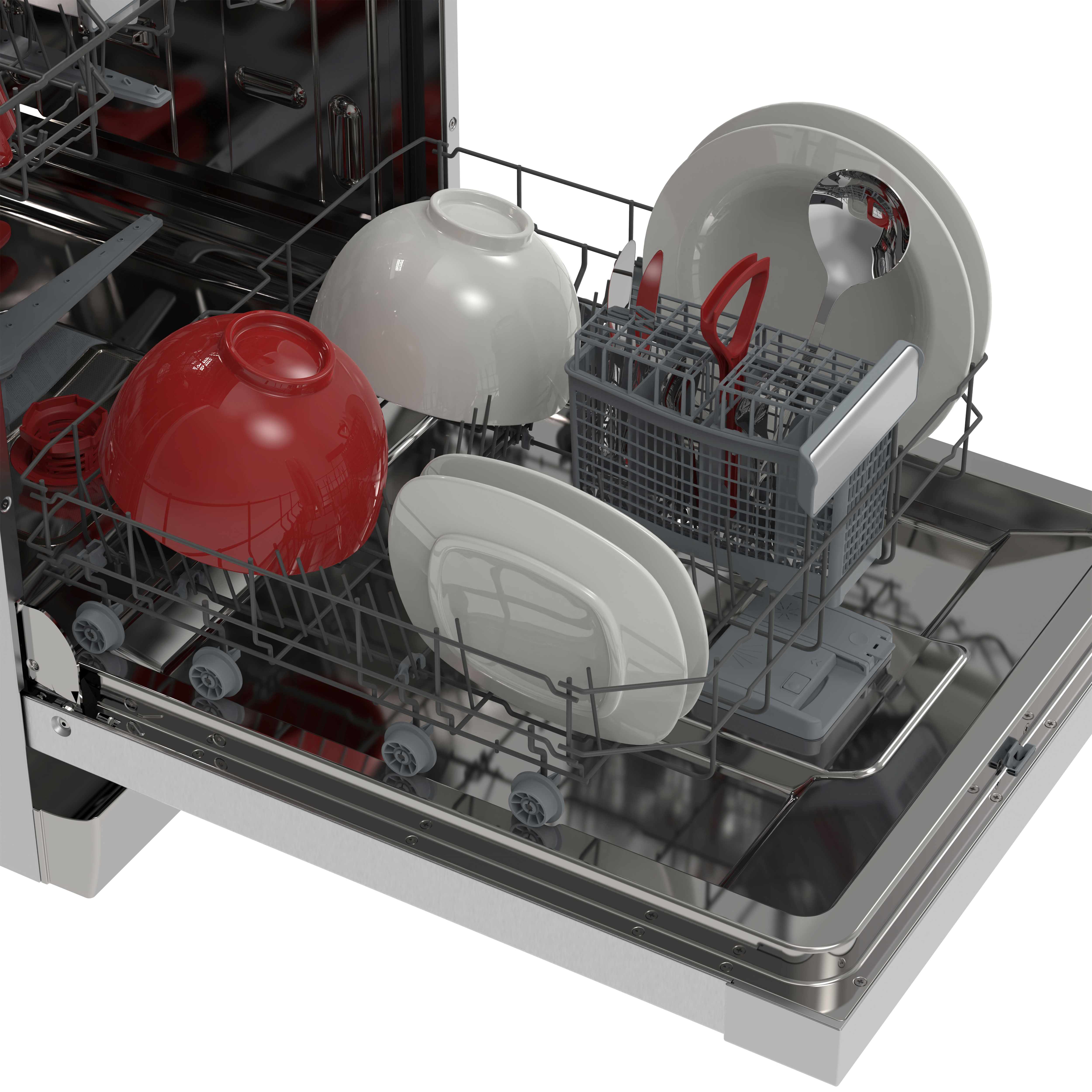 Dishwasher rack with red and white bowls, plates, and cutlery.