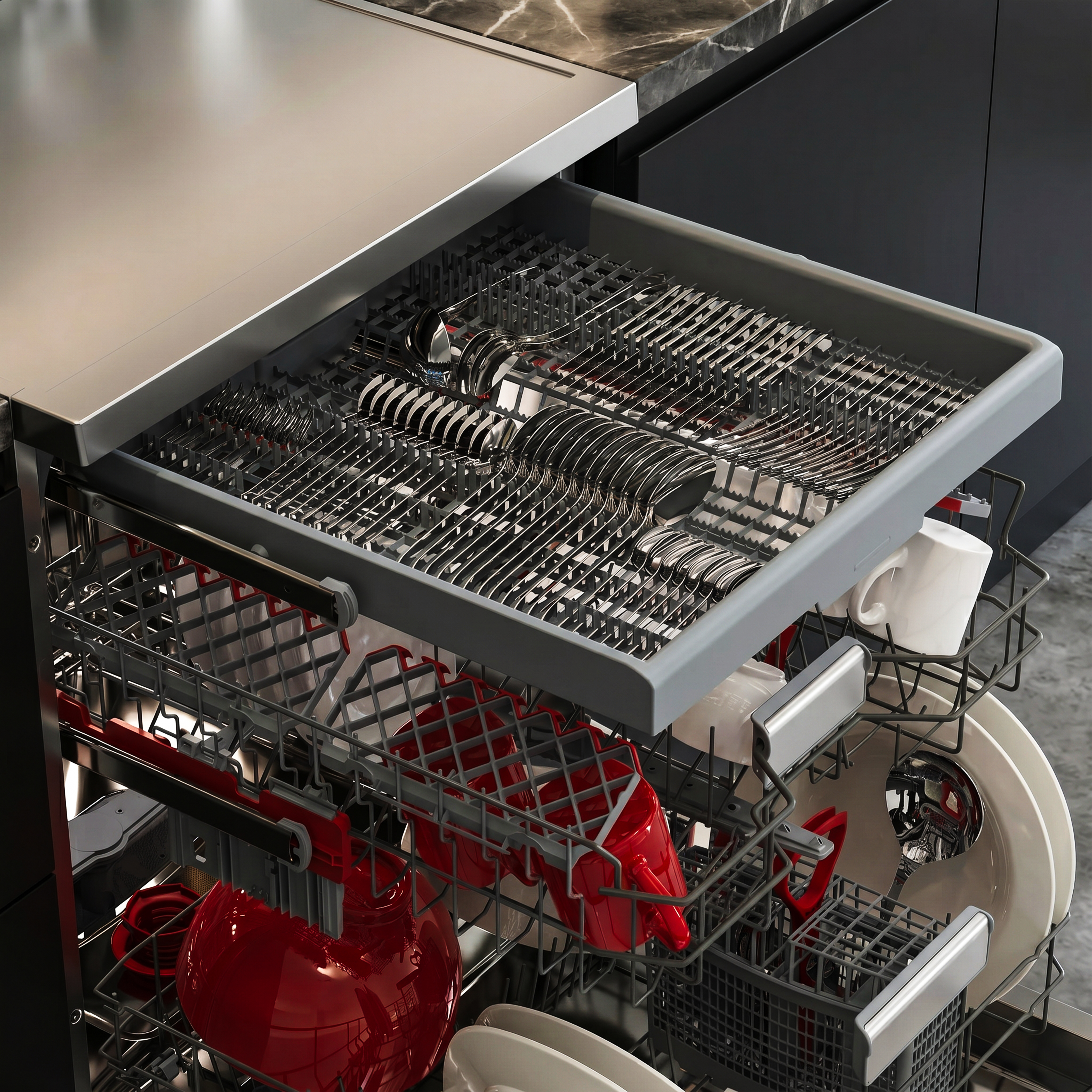 Dishwasher rack with cutlery, red and white cups, plates, and red bowls.