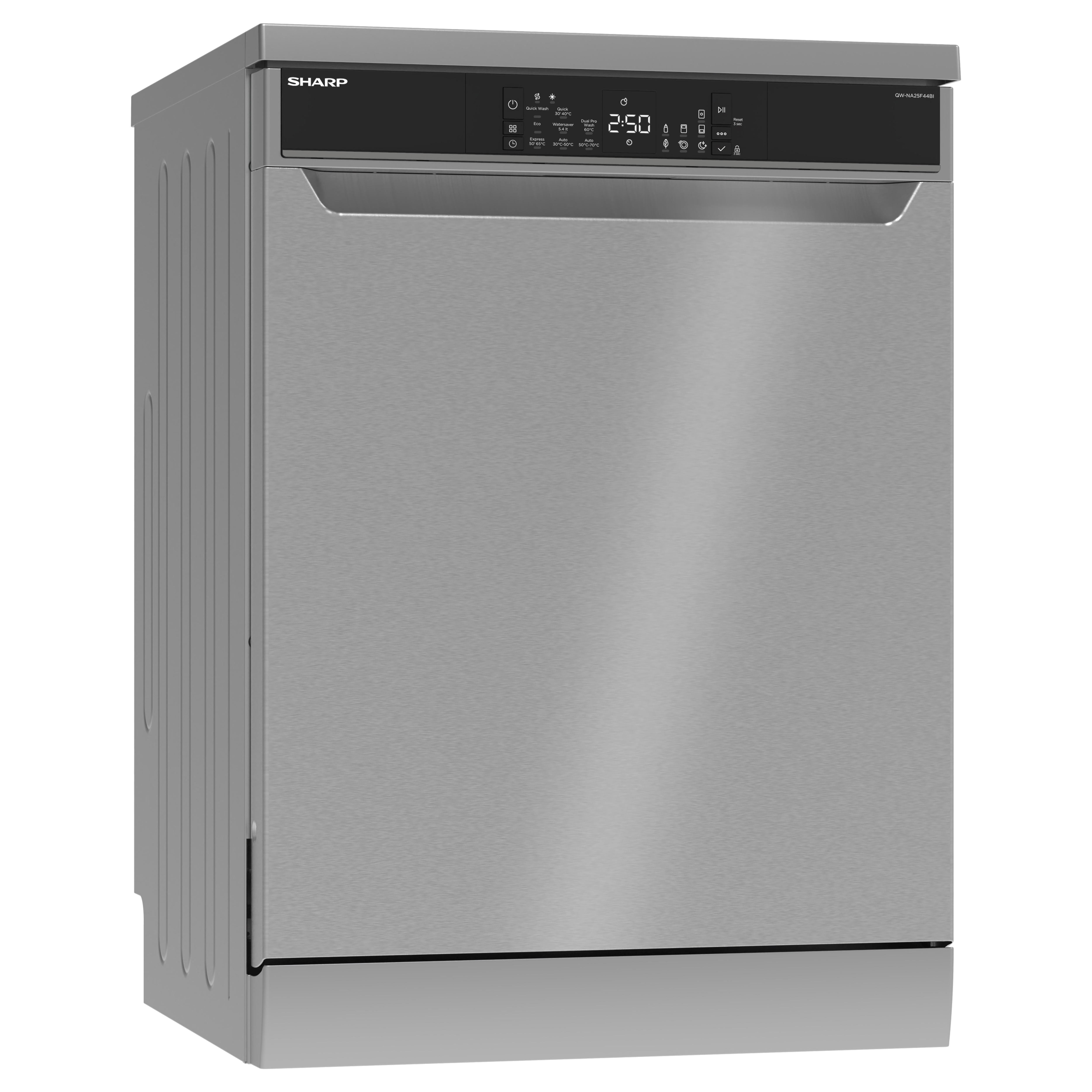 A silver Sharp dishwasher with a digital display and control panel.