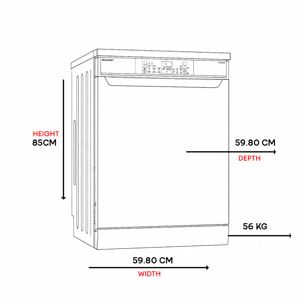 Line drawing of a Sharp dishwasher. Dimensions: H 85cm, W 59.8cm, D 59.8cm, Weight 56kg.