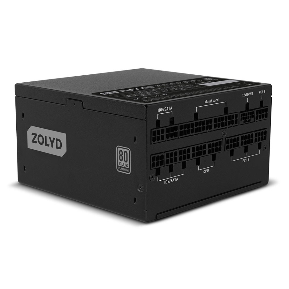 Alimentatore nero con logo ZOLYD, badge 80 PLUS PLATINUM e porte etichettate.