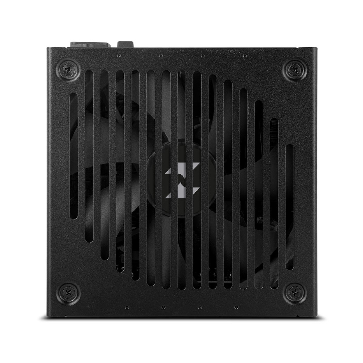 Alimentatore per computer nero con griglia della ventola e pale visibili.