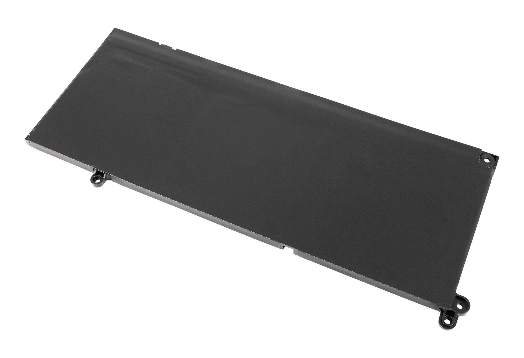 Schwarzer Laptop-Akku mit Befestigungslöchern, flach und rechteckig.