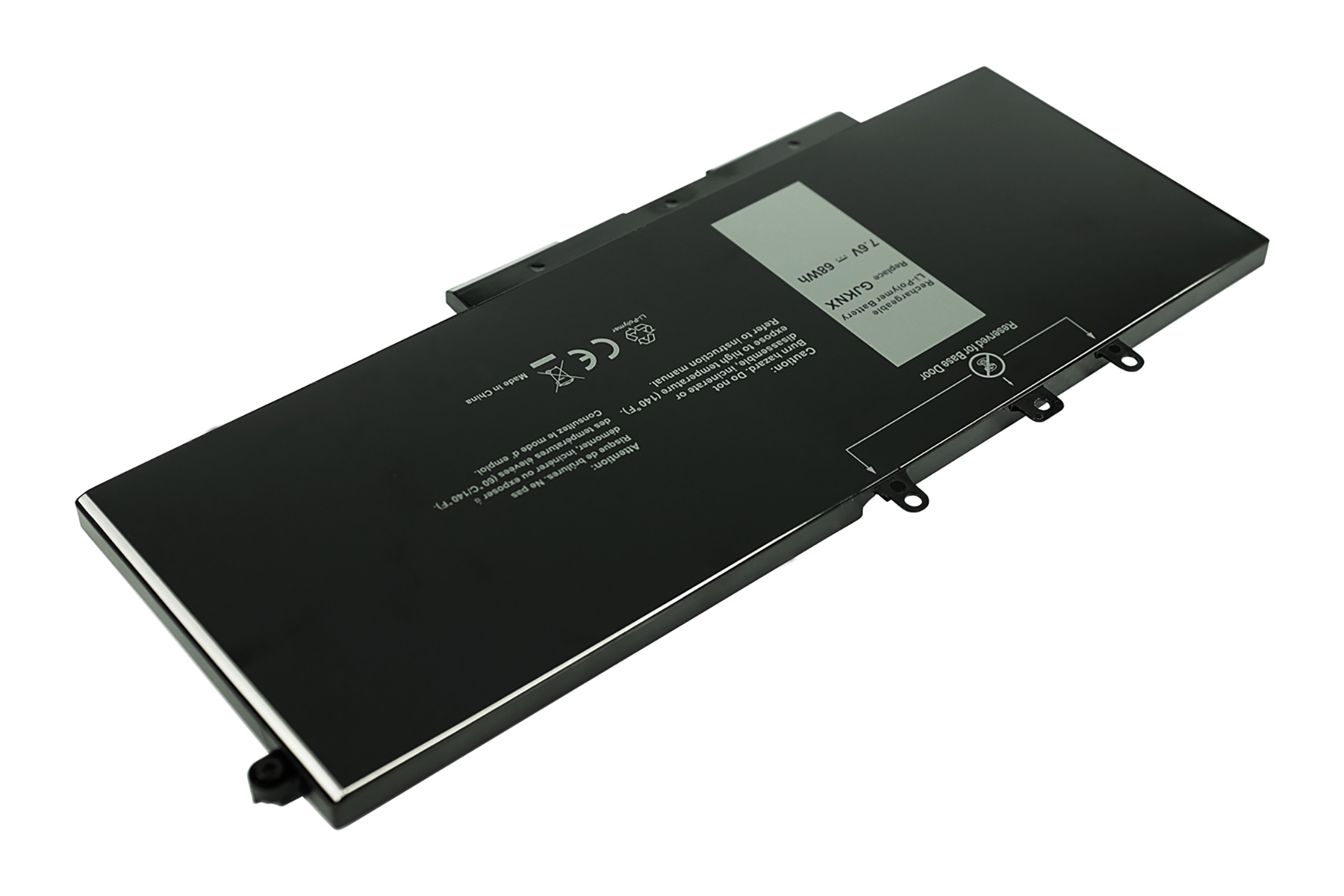 Schwarzer Laptop-Akku mit Ladeanzeige und Warnhinweisen.