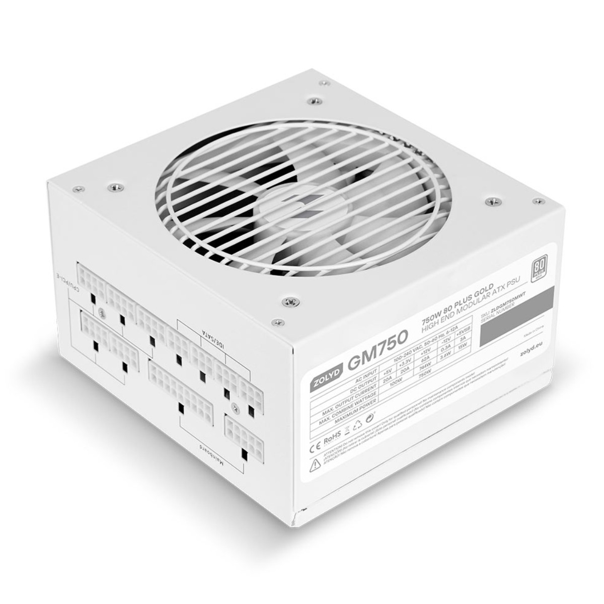 Alimentatore ATX bianco con ventola superiore, porte etichettate e specifiche sul lato.