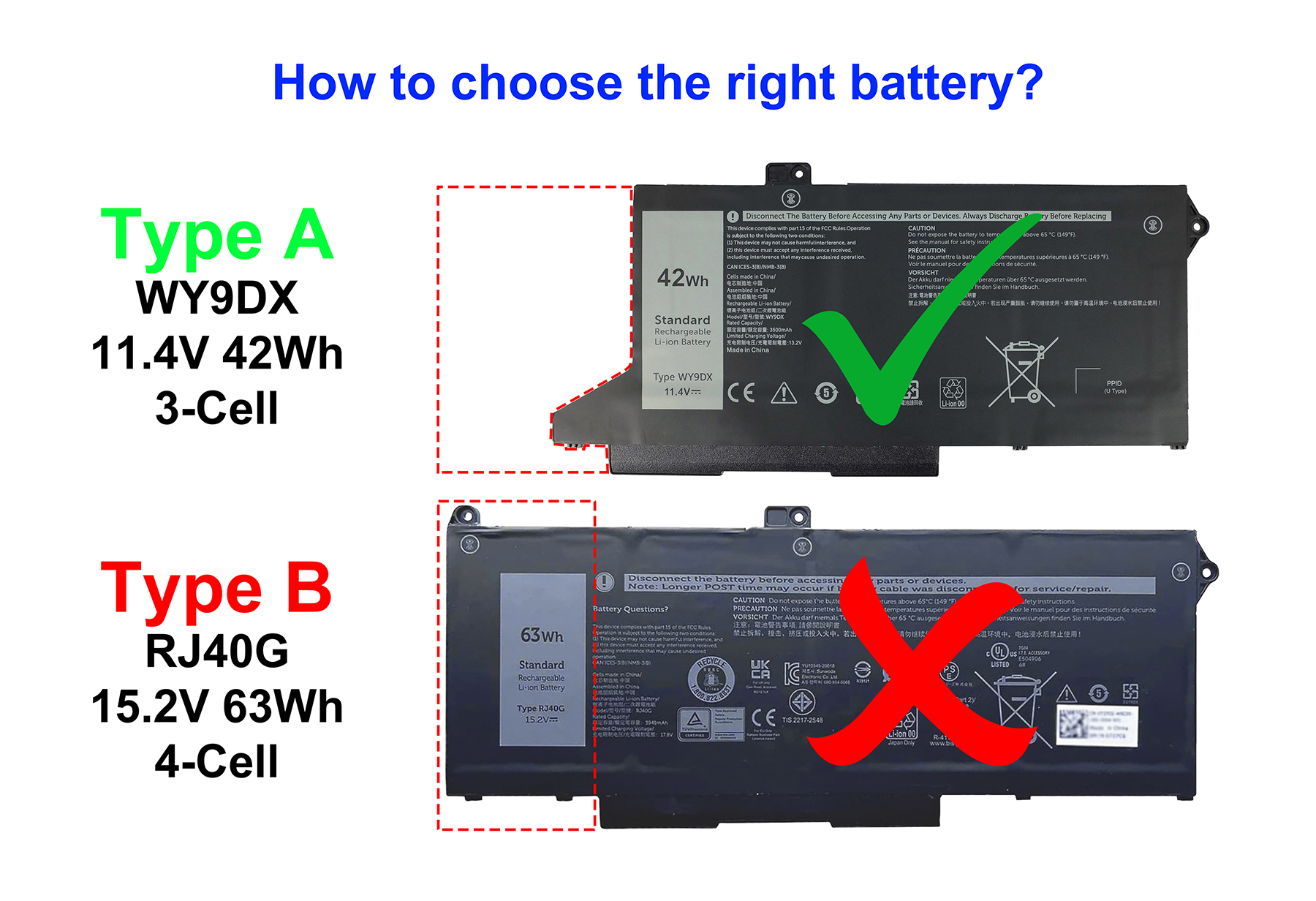Zwei Laptop-Akkus, Typ A (11.4V 42Wh) und Typ B (15.2V 63Wh).