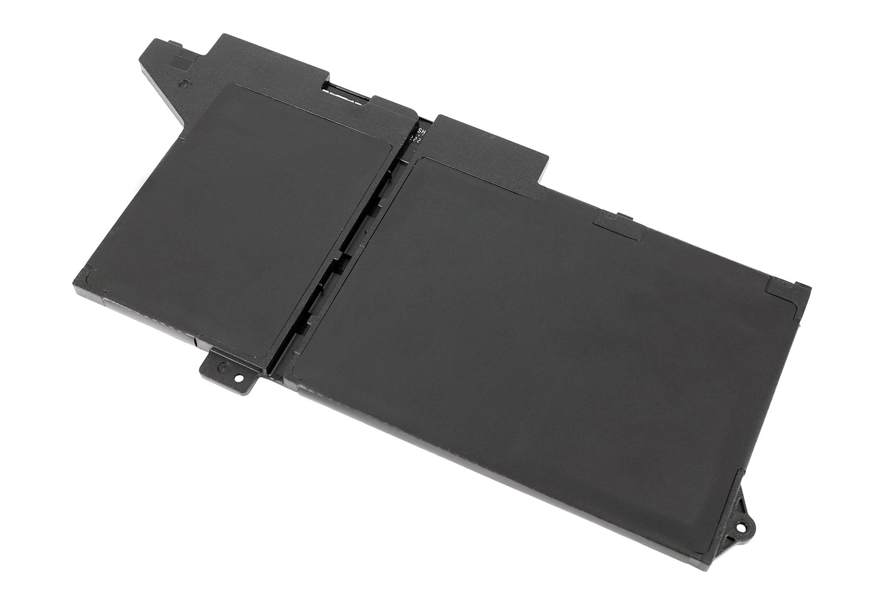 Schwarzer Lithium-Ionen-Akku mit zwei Kammern, flaches Design, auf weißem Hintergrund.
