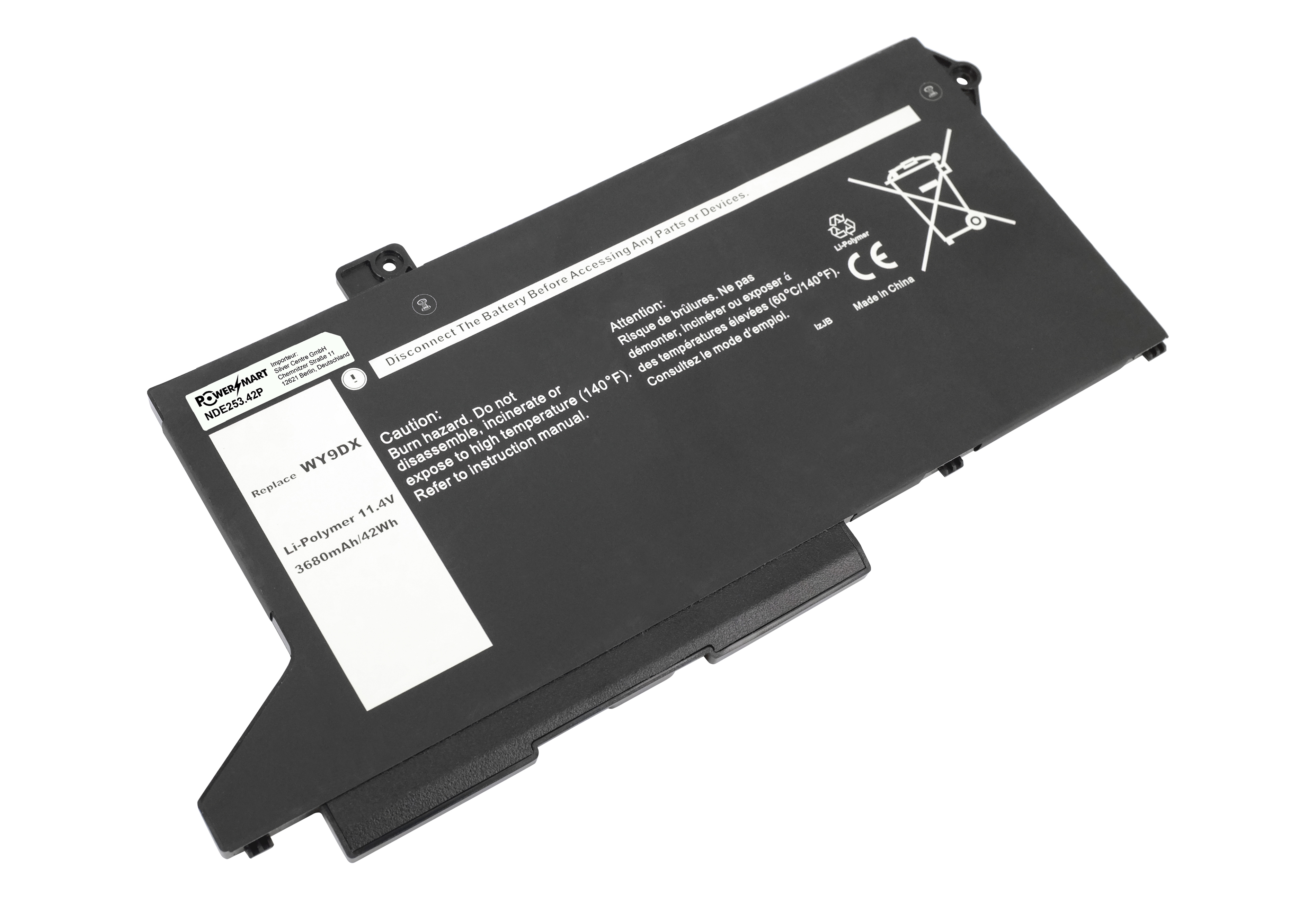 Schwarzer Laptop-Akku mit Aufklebern, die Modell, Spannung und Kapazität angeben.