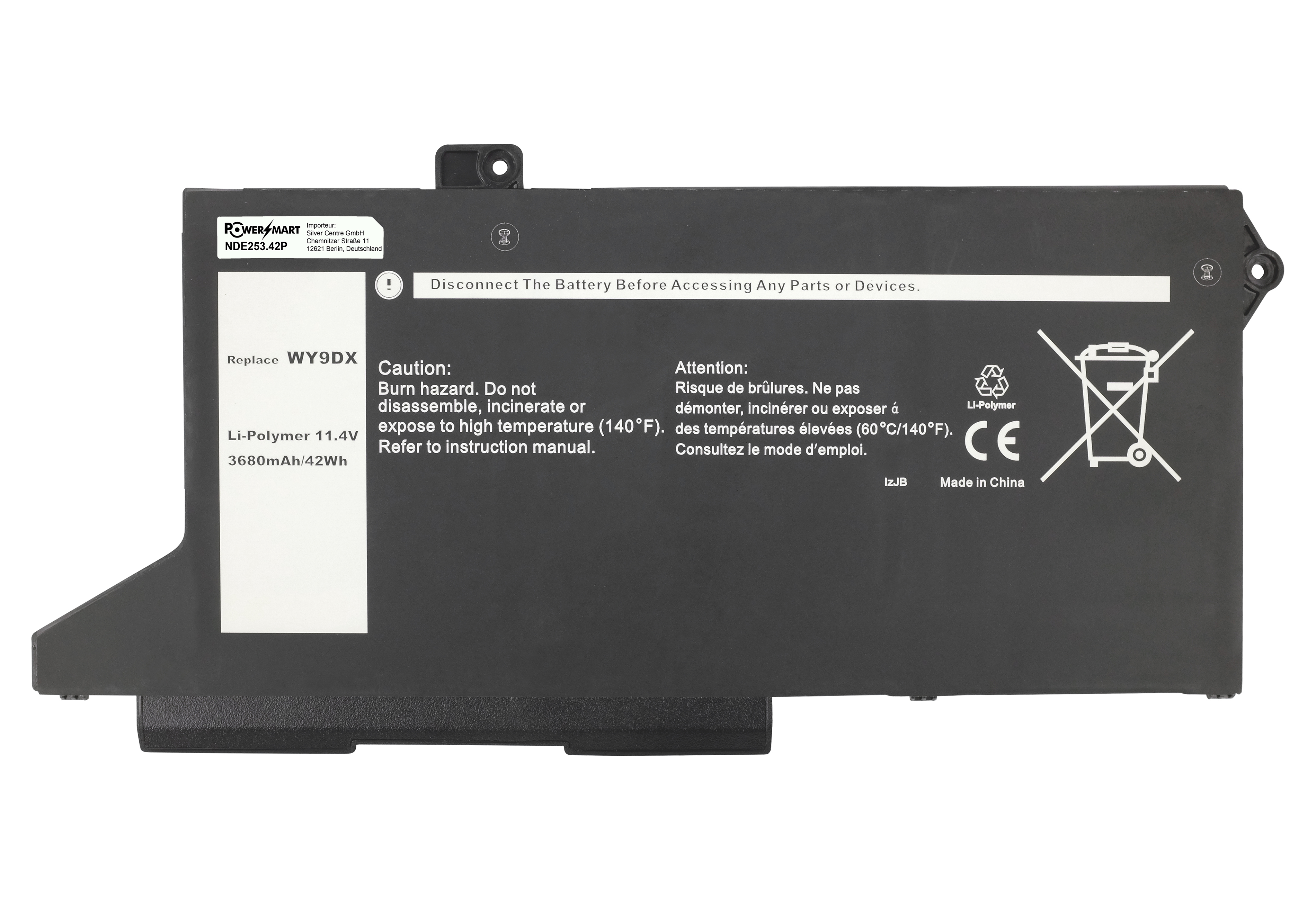 Ein schwarzer Laptop-Akku mit Aufschriften und Warnsymbolen.