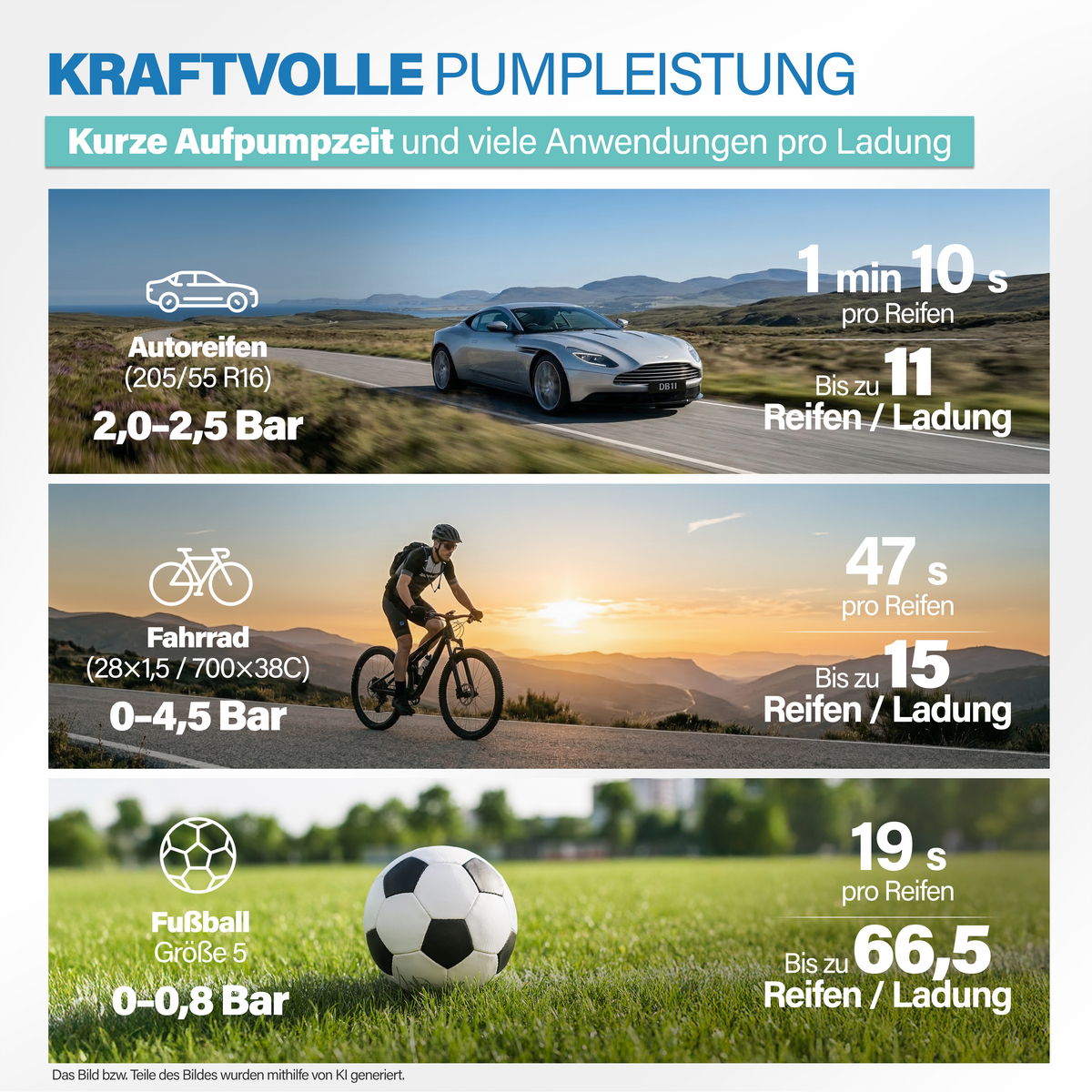 Drei Bilder zeigen einen silbernen Sportwagen, einen Radfahrer und einen Fußball mit Leistungsinformationen.