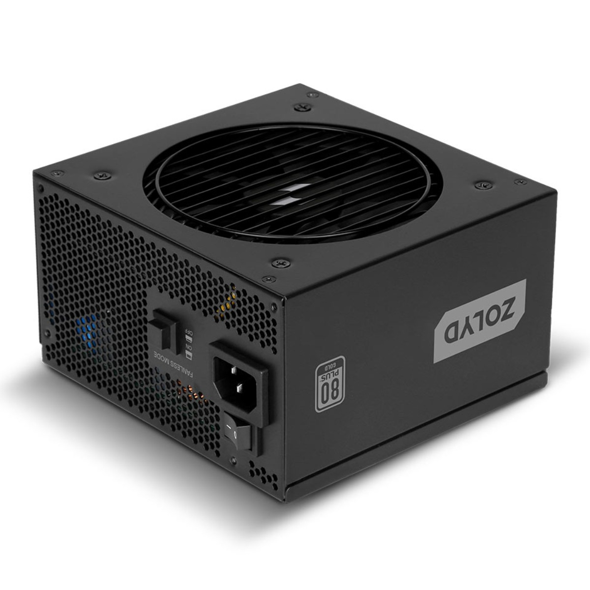 Fuente de alimentación negra para PC con rejilla de ventilador, interruptores y logo 80 Plus Gold.