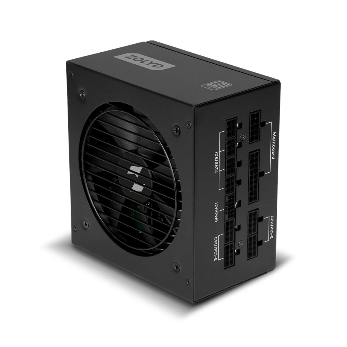 Fuente de alimentación negra con ventilador y puertos: Placa base, CPU/PCI-E, IDE/SATA, 12VHPWR.