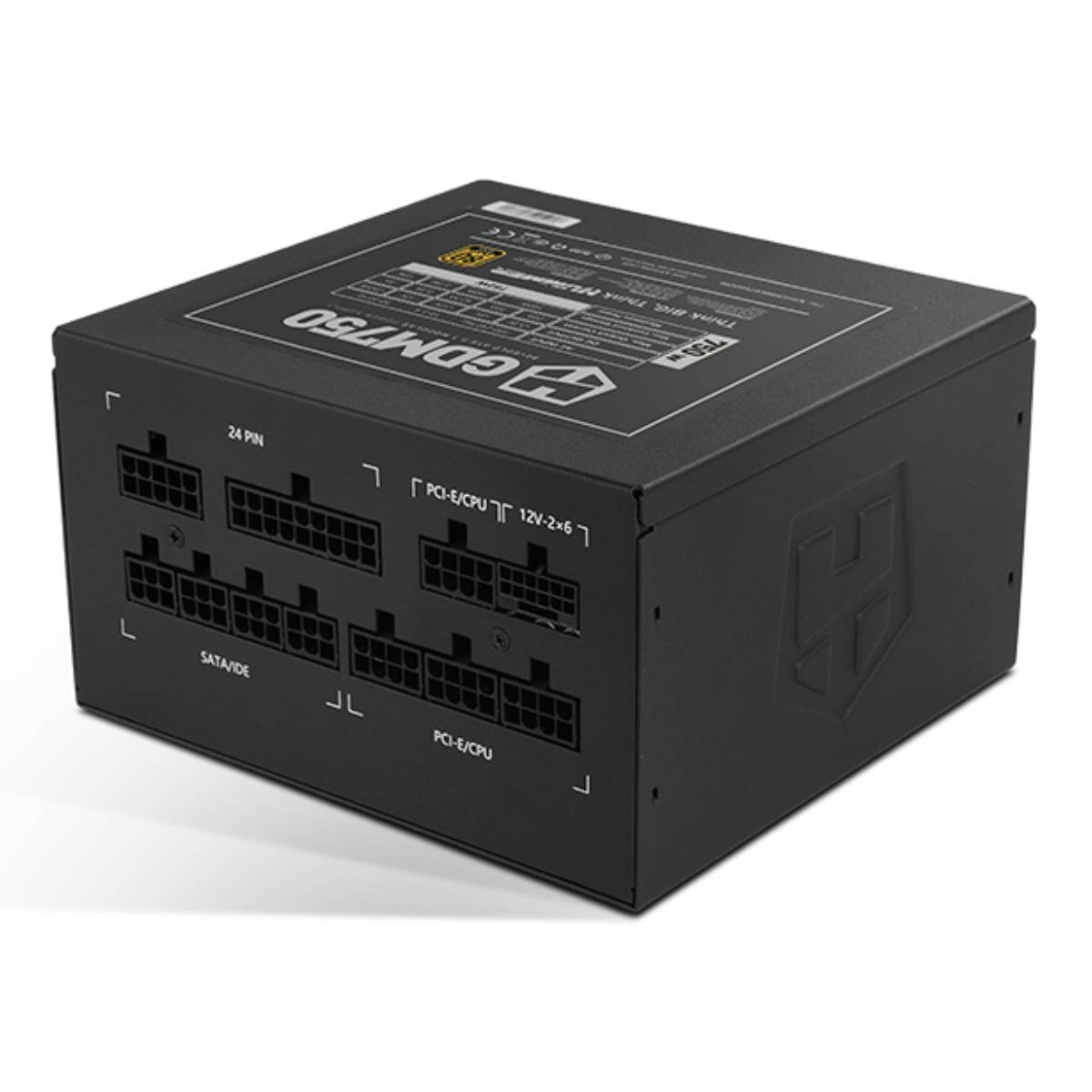 Alimentatore nero con etichette per connessioni 24-PIN, SATA/VID, PCI-E/CPU.