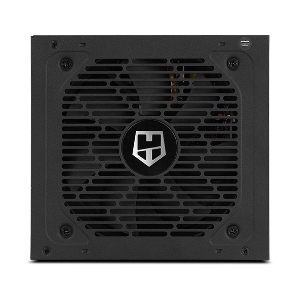Alimentatore nero per computer con logo argentato sulla griglia della ventola.
