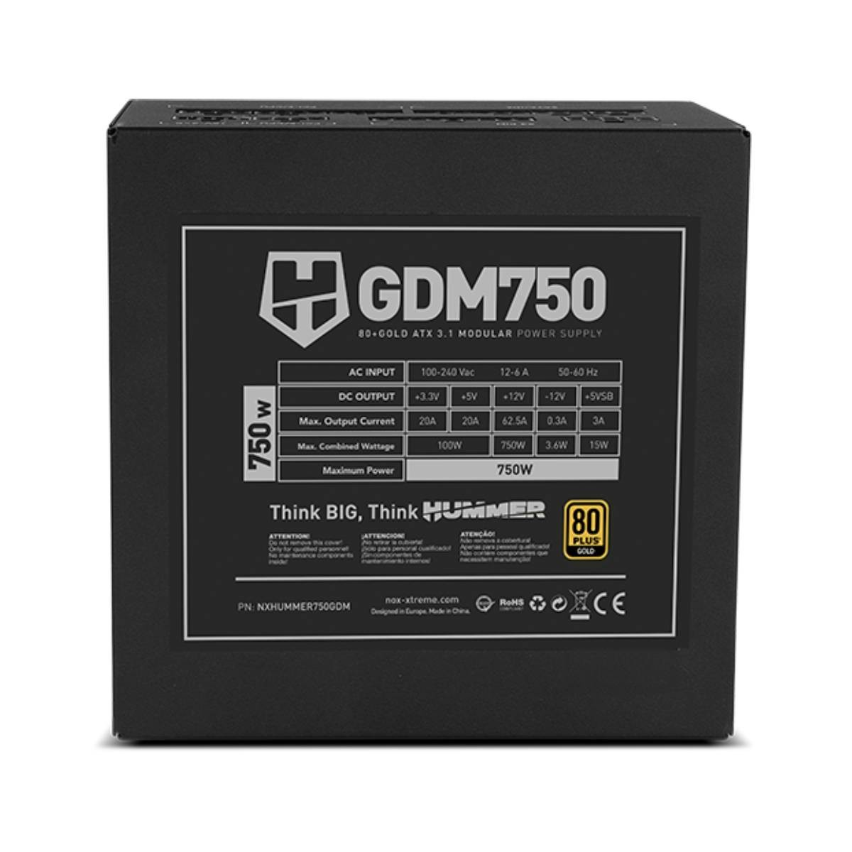 Alimentatore nero GDM750 con certificazione 80 Gold e specifiche tecniche.