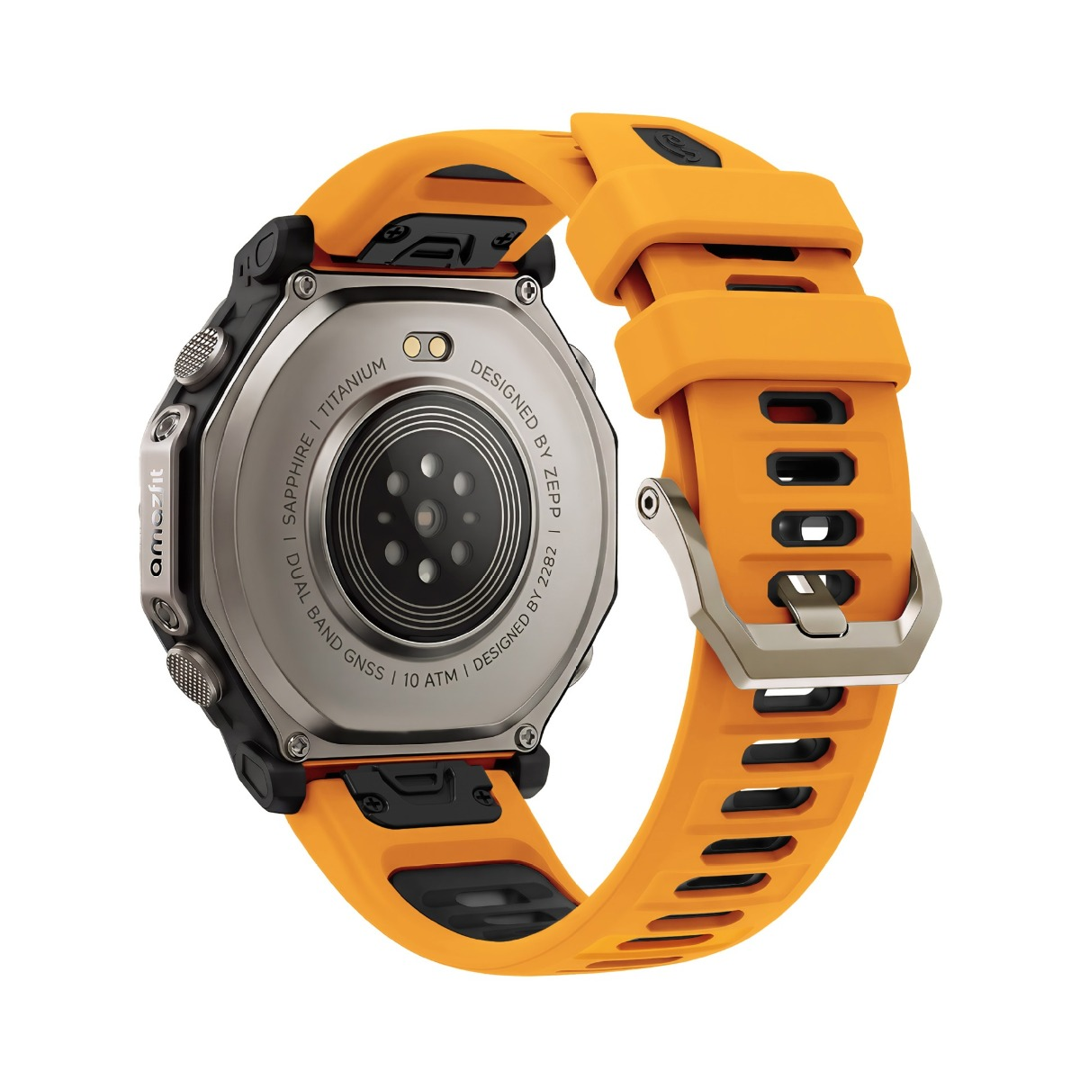 Rückansicht einer orangefarbenen Amazfit Smartwatch mit Metallgehäuse und hellem orangefarbenem Armband.