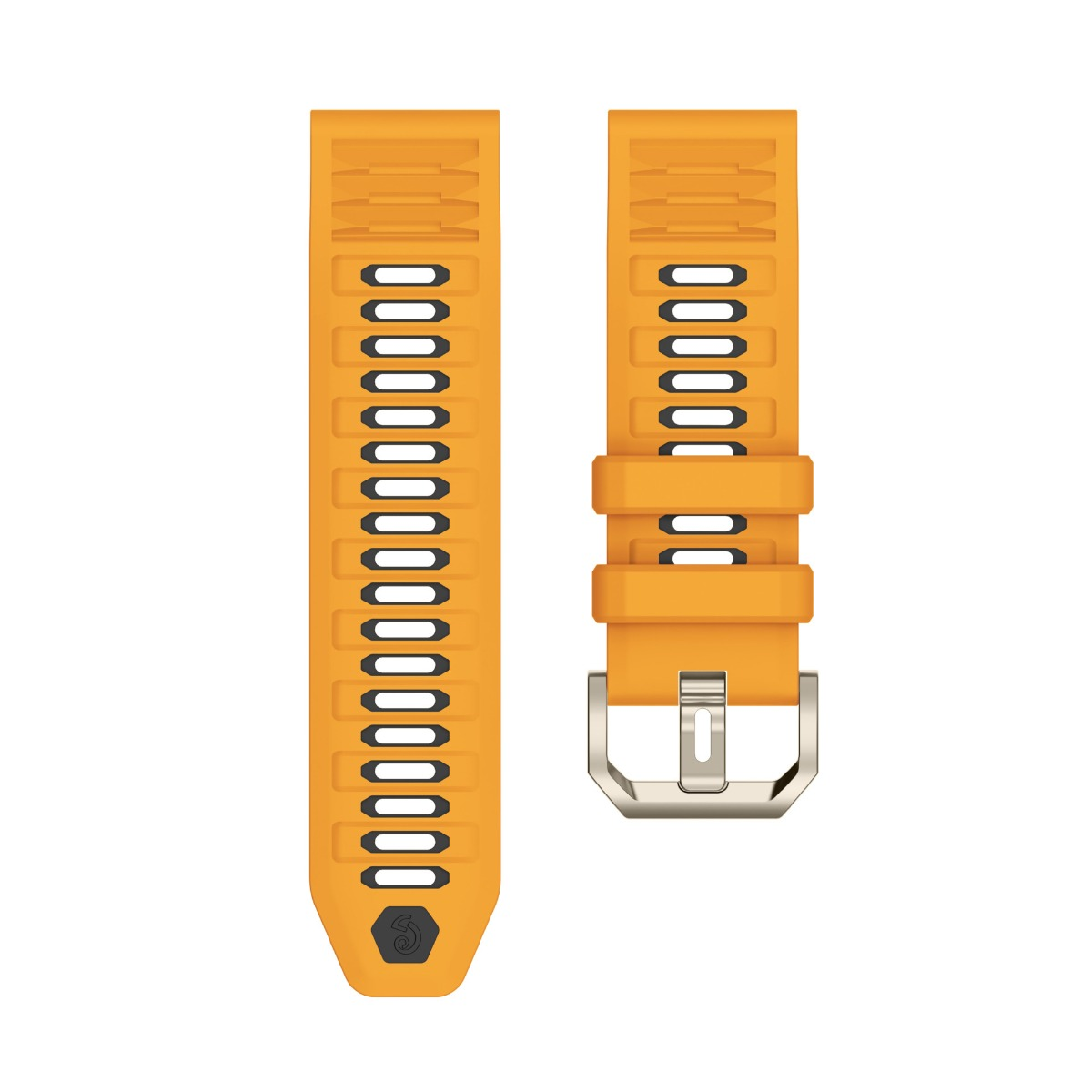 Zwei orangefarbene Uhrenarmbänder mit silberner Schnalle und Lochmuster.