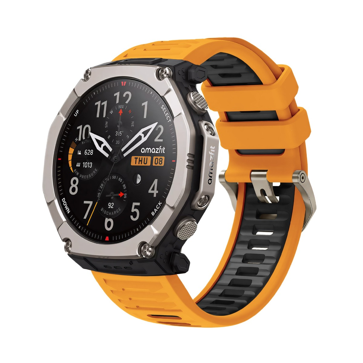 Eine robuste, orangefarbene Amazfit-Smartwatch mit schwarzem Digitaldisplay und Metalllünette.