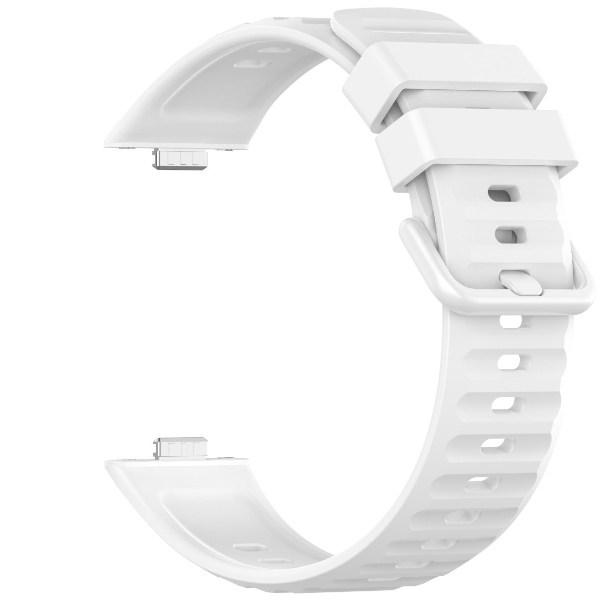Ein weißes Uhrenarmband mit Schnalle und Anschlüssen.