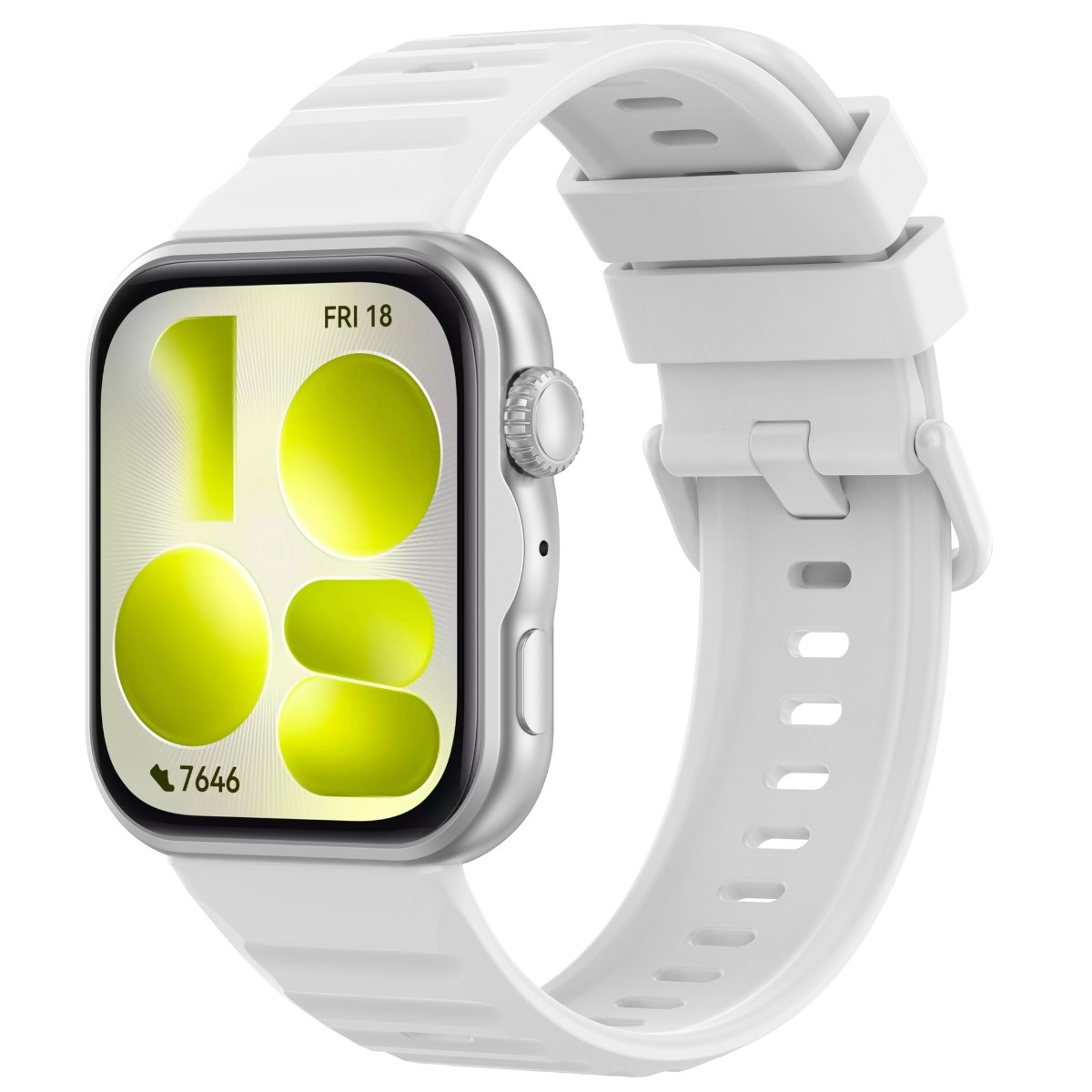 Eine weiße Smartwatch mit silbernem Gehäuse und digitalem Zifferblatt, das den Tag Fri 18 anzeigt.