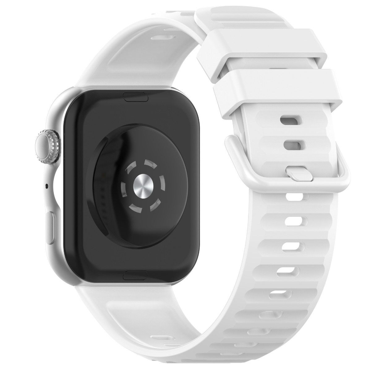 Rückseite einer silbernen Smartwatch mit schwarzem Gehäuse und weißem Armband.