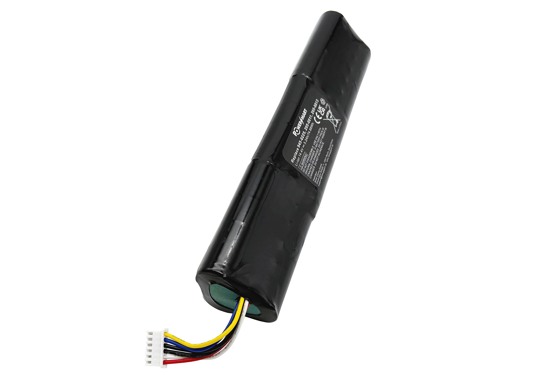 Schwarzer Akku mit Kabeln und Stecker, auf weißem Hintergrund.